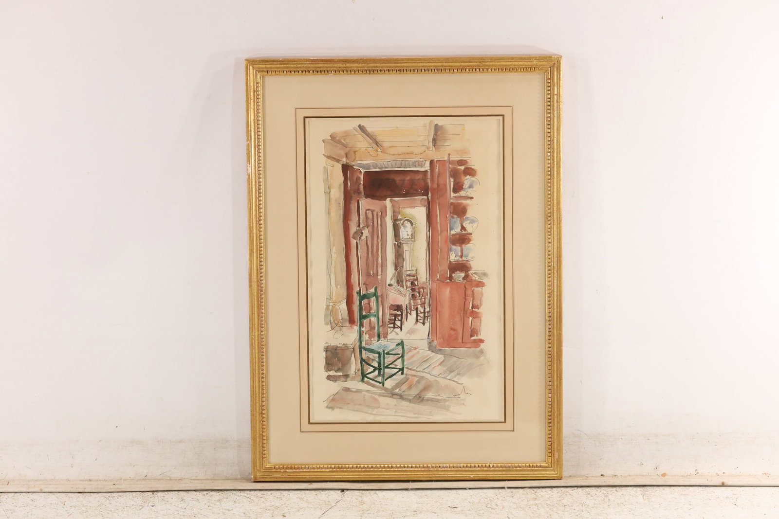 Interior Monsieur House Expressionist Watercolor Painting: Original watercolor on paper depicting a view through a sequence of rustic doorways and interior rooms. A handwritten back notation identifies the subject as Interior Monsieur House. The layered archi