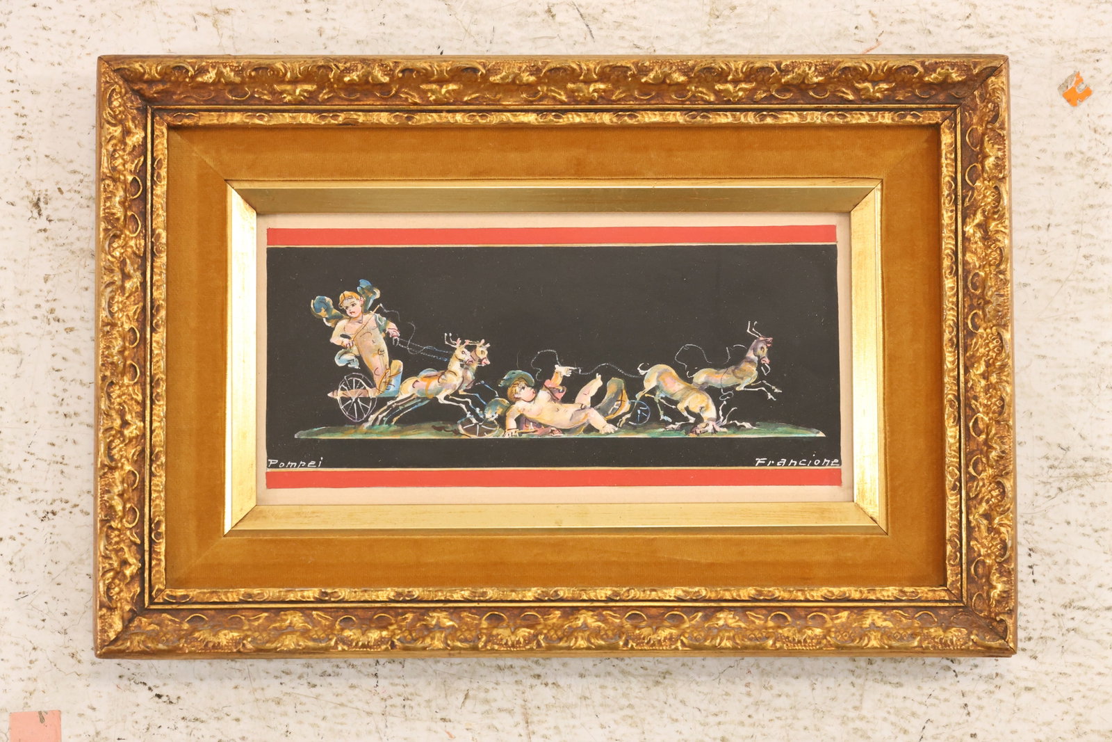 Signed Antonio Francione Pompei Mythological Procession Gouache: Small original gouache painting signed Francione and inscribed Pompei. The horizontal scene features a procession of mythological figures rendered in pale color against black. The narrative band refer