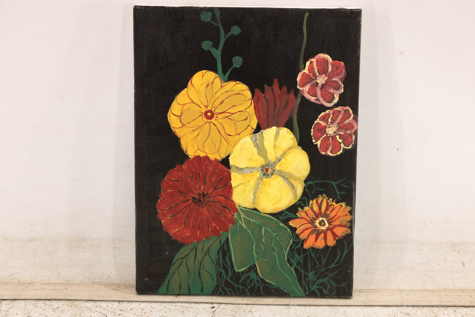 Unsigned Colorful Floral Still Life Painting on Canvas: Unsigned original painting on canvas depicting a dense arrangement of yellow red orange and pink flowers with green stems against a black ground. The flowers are simplified into broad decorative shape