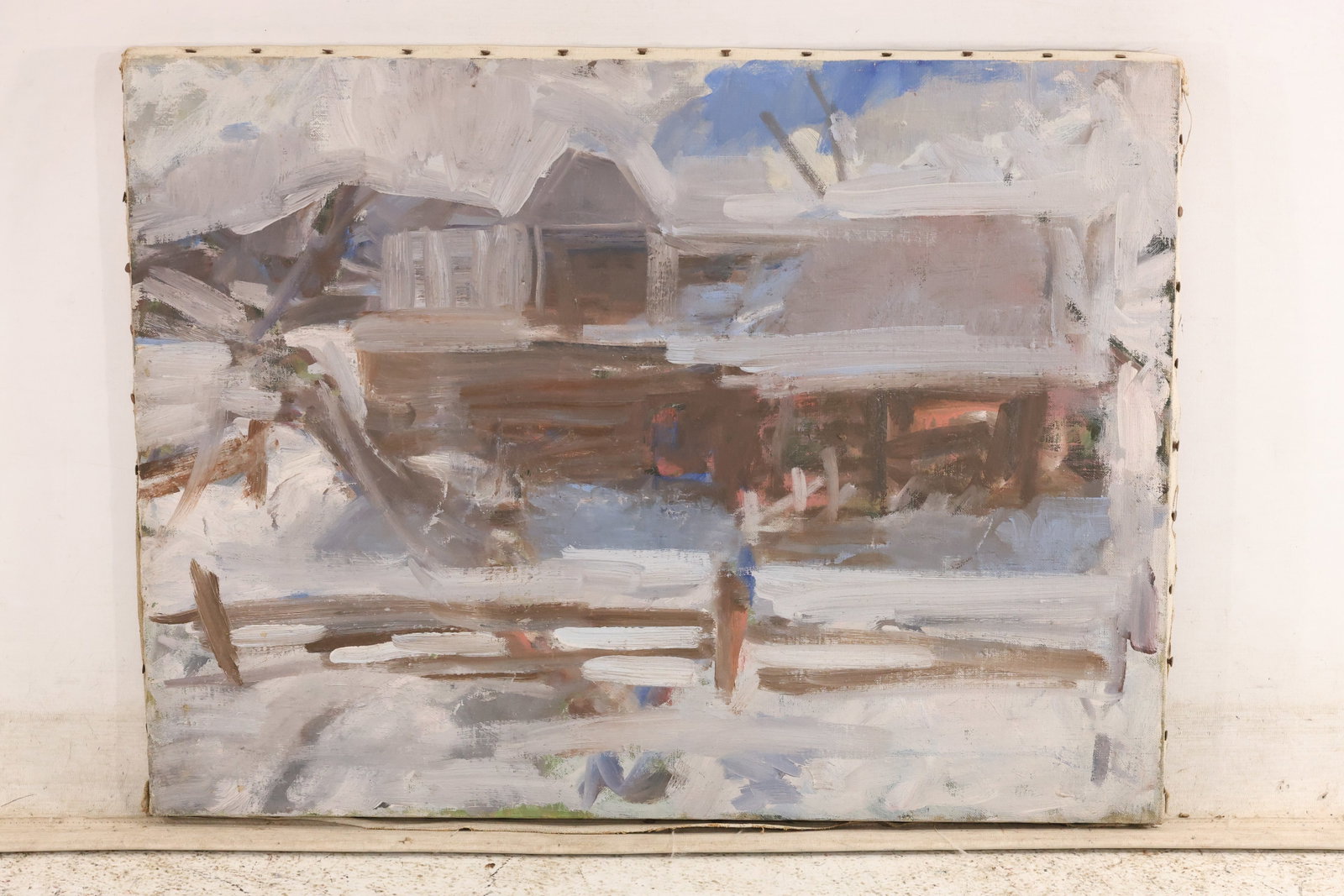 Unsigned Vintage Winter Barn Landscape Oil Painting (1 of 10)