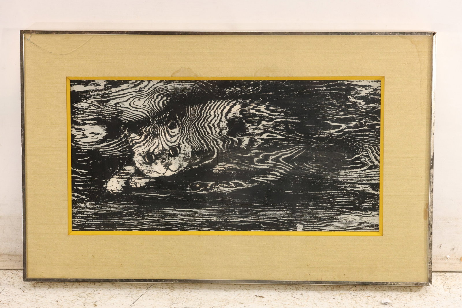 Turner Manufacturing Pussycat Mid Century Graphic Print: Vintage graphic wall print published by Turner Manufacturing Company of Chicago. The back label identifies item 11 M106 Pussycat and the image presents a high contrast black and white cat motif. The b