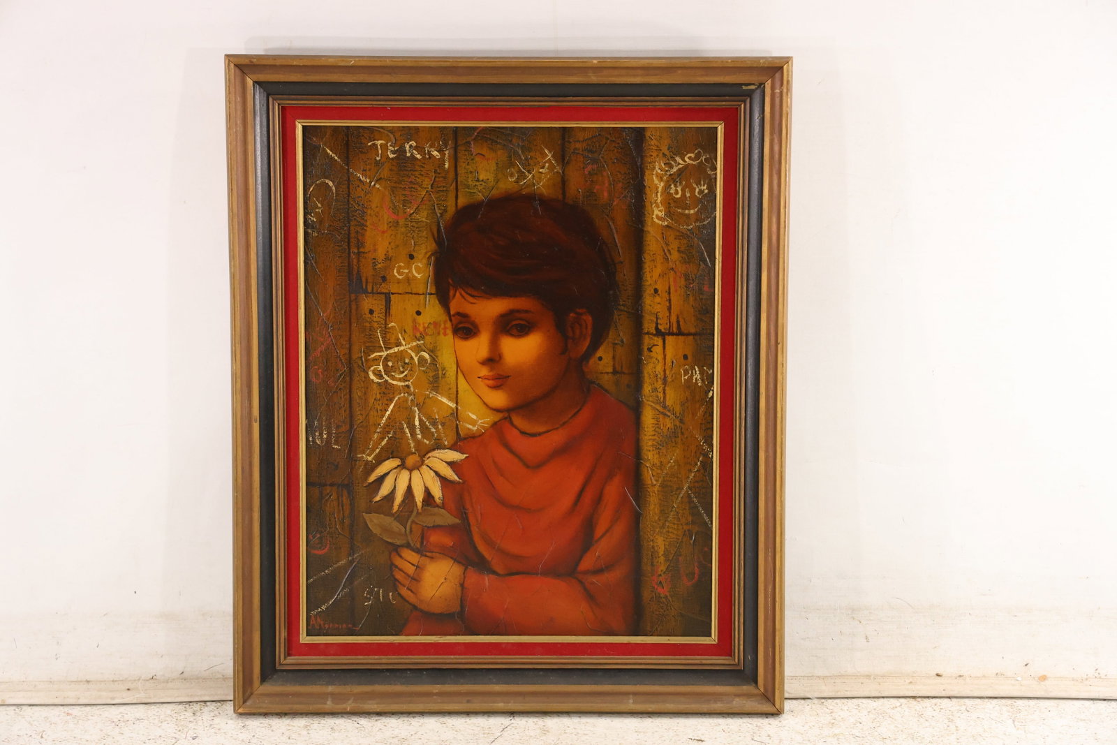 Signed A Norman Mid Century Child Portrait Oil Painting: Original oil painting on canvas signed A Norman or a closely similar name at the lower left. The framed portrait shows a child holding white flowers against a warm patterned interior. The frontal pose