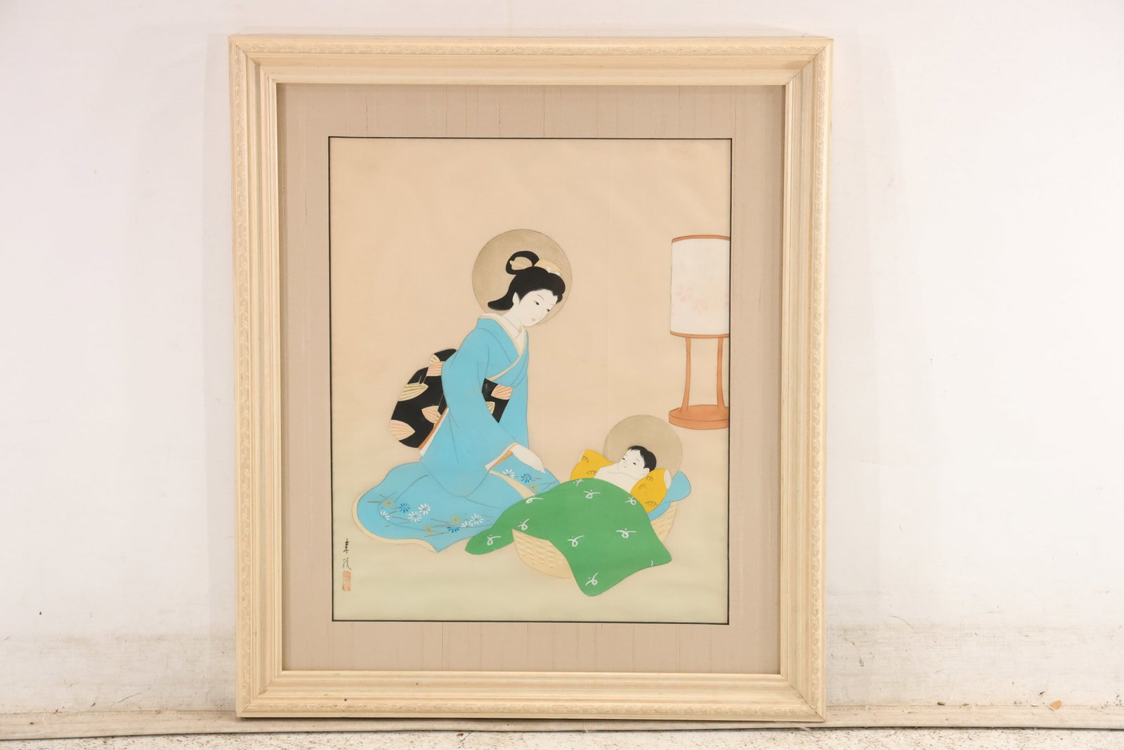 Signed Asian Woman and Child Painting on Silk: Framed painting on silk signed at the lower left. The composition depicts a seated woman and child in traditional dress using delicate black line and restrained blue green and cream color. The fine co