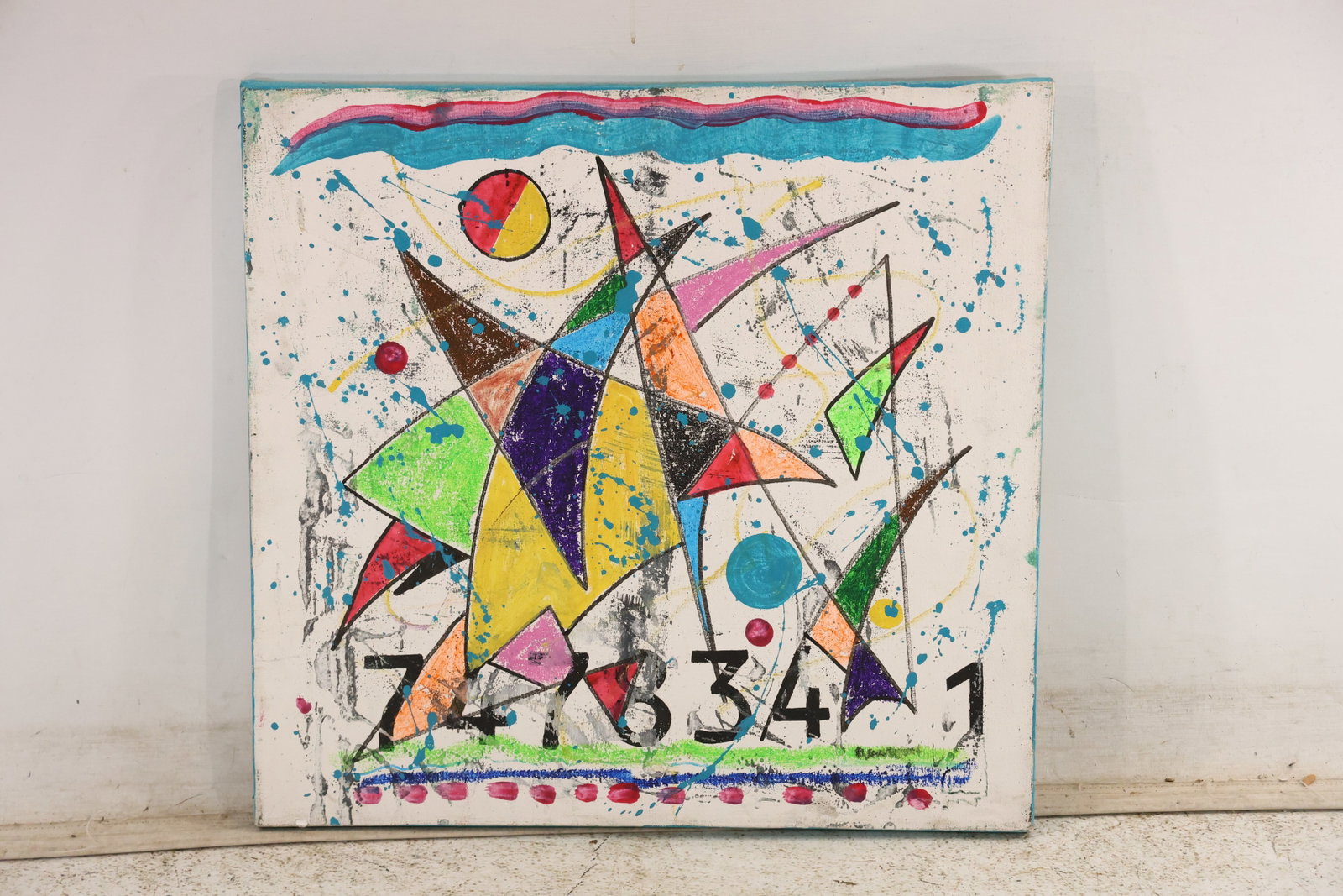 Signed George Cotten Number 5 Abstract Painting 2000: Original abstract painting on canvas identified on the stretcher as Number 5 by George Cotten and dated 2000. Angular figures numbers and bright geometric forms are layered across a pale textured fiel