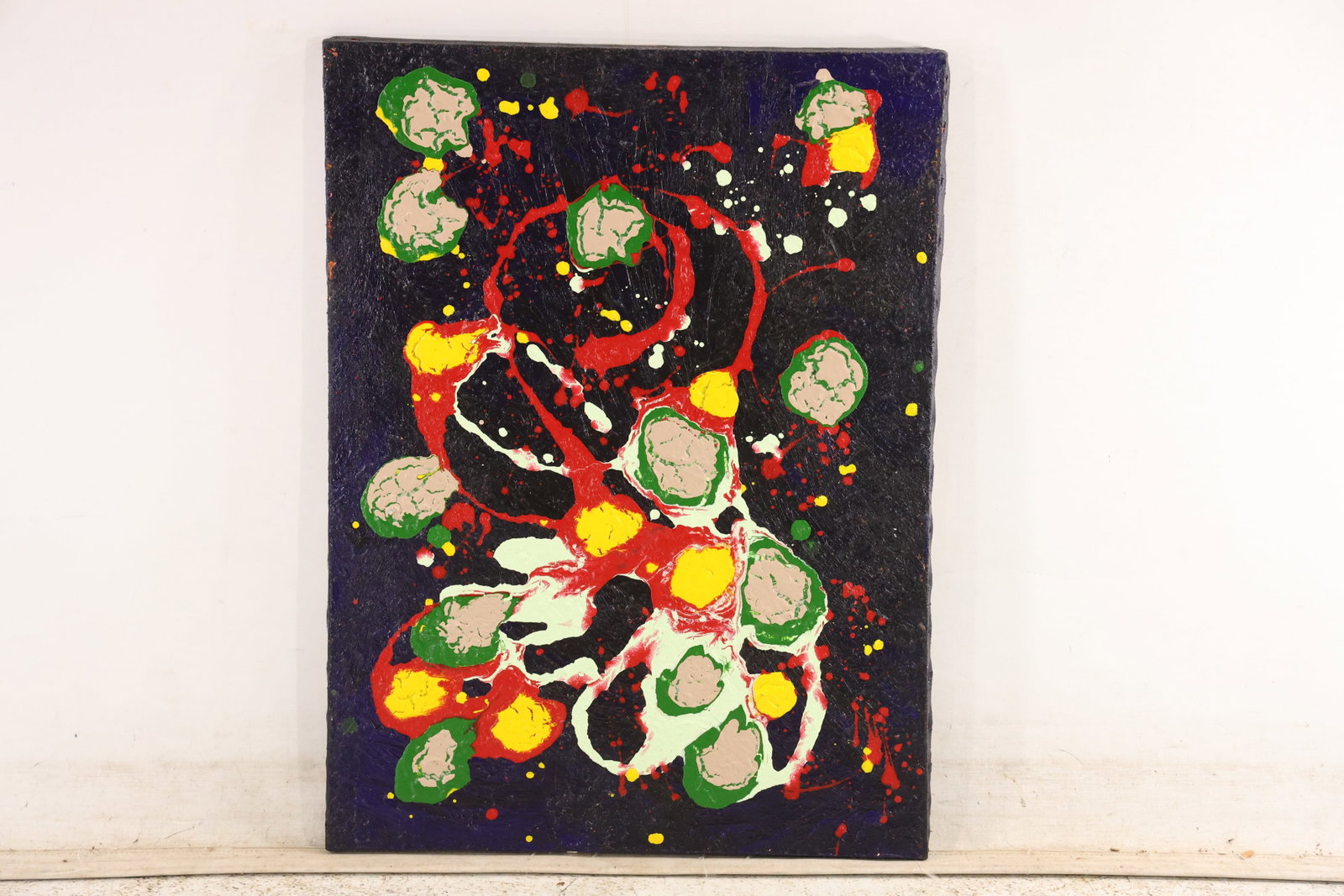 Explosion of Color Signed Abstract Oil Painting Dated 2012: Original painting on canvas signed with an unresolved name and dated 2 20 12 on the back. The title Explosion of Color accompanies a black ground scattered with red yellow green and pale raised forms.