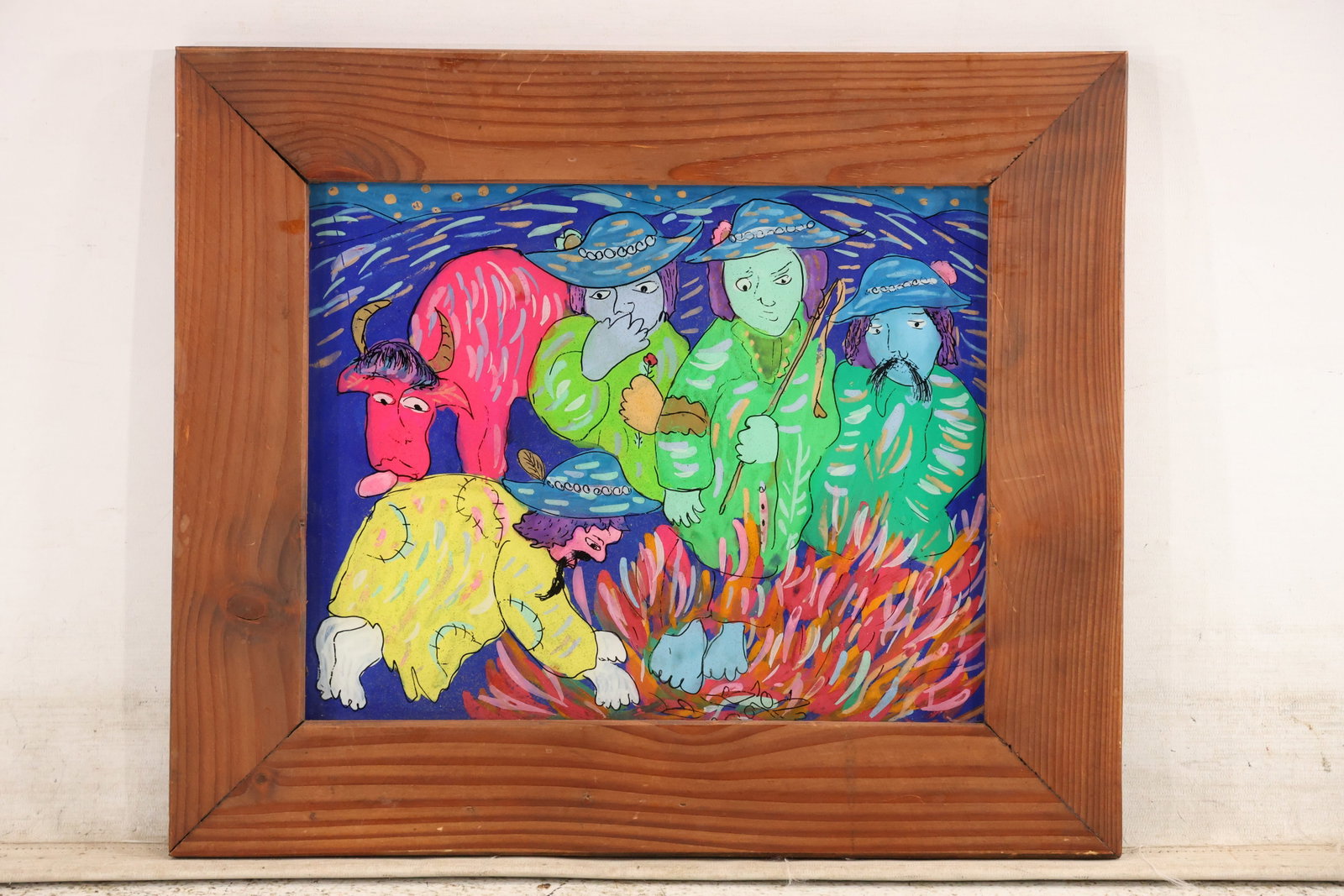 Jan Fudala Polish Reverse Glass Figure Painting with Cepelia Label: Original reverse painting on glass dated 1968 and accompanied by a photographed identification label connecting the work with Jan Fudala and the Cepelia folk art cooperative. The scene depicts colorfu