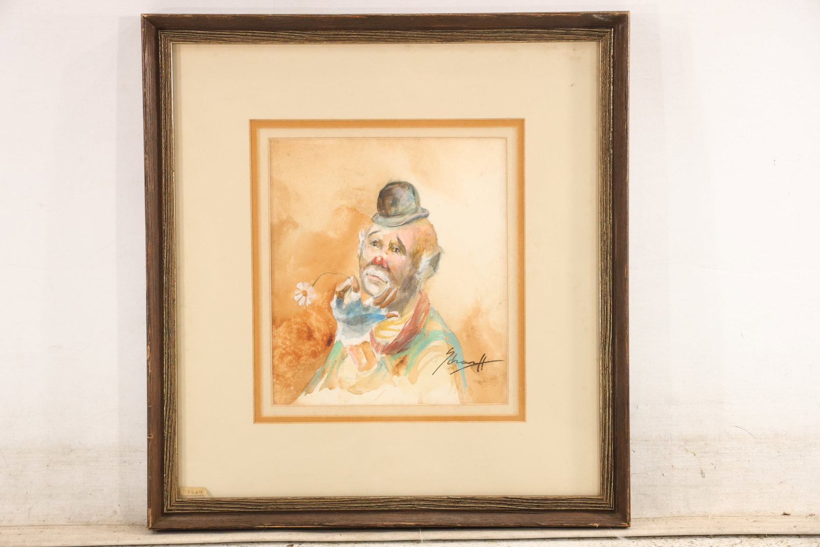 Signed Scharff Sad Clown Watercolor and Gouache Painting: Original watercolor and gouache painting on paper signed Scharff or a closely similar name. The portrait depicts a melancholy clown in a small bowler hat holding a flower. The expressive face and