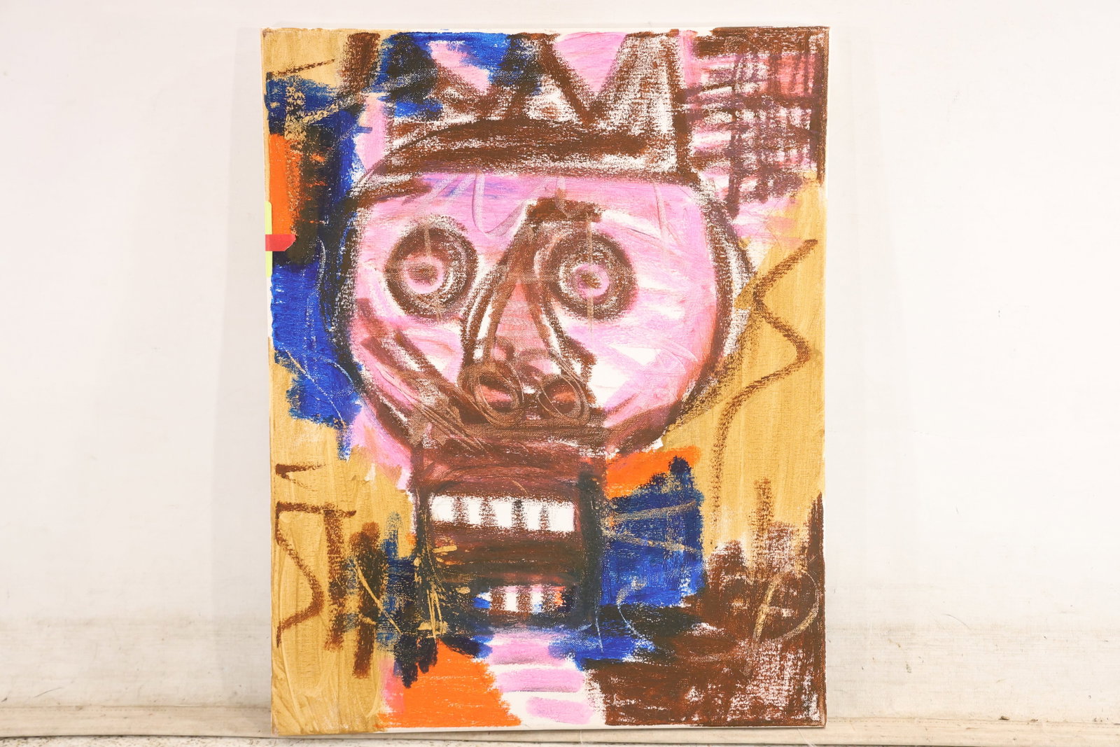 Unsigned Neo Expressionist Mask Portrait Painting on Canvas: Unsigned original painting on canvas depicting a frontal masklike face in pink black blue orange and cream. Broad marks and angular outlines create a raw heavily worked surface. The direct figure and 