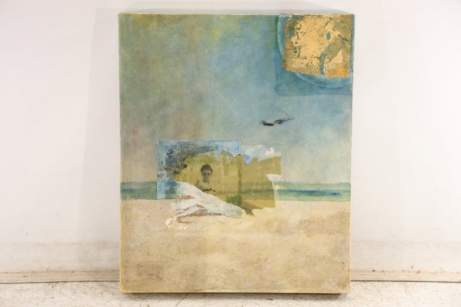 Unsigned Blue Coastal Abstract Mixed Media Painting: Unsigned original mixed media artwork on canvas or board using pale blue cream gray and ochre fields. Collaged and painted passages suggest a shoreline architecture and open sky. The reduced landscape