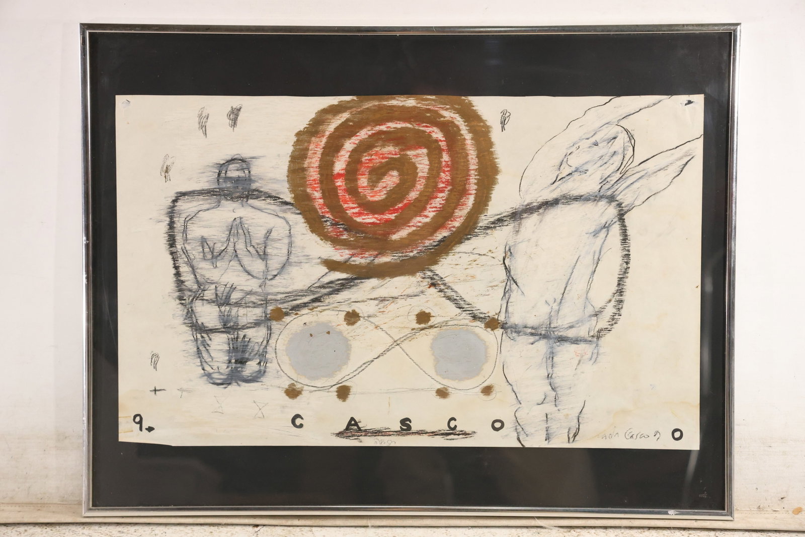Signed Ada Casco CASCO Neo Expressionist Mixed Media Drawing: Original mixed media drawing on heavy paper titled CASCO and signed Ada Casco at the lower right. Charcoal paint wash and oil pastel like marks form a raw abstract figure with an additional number 9 a