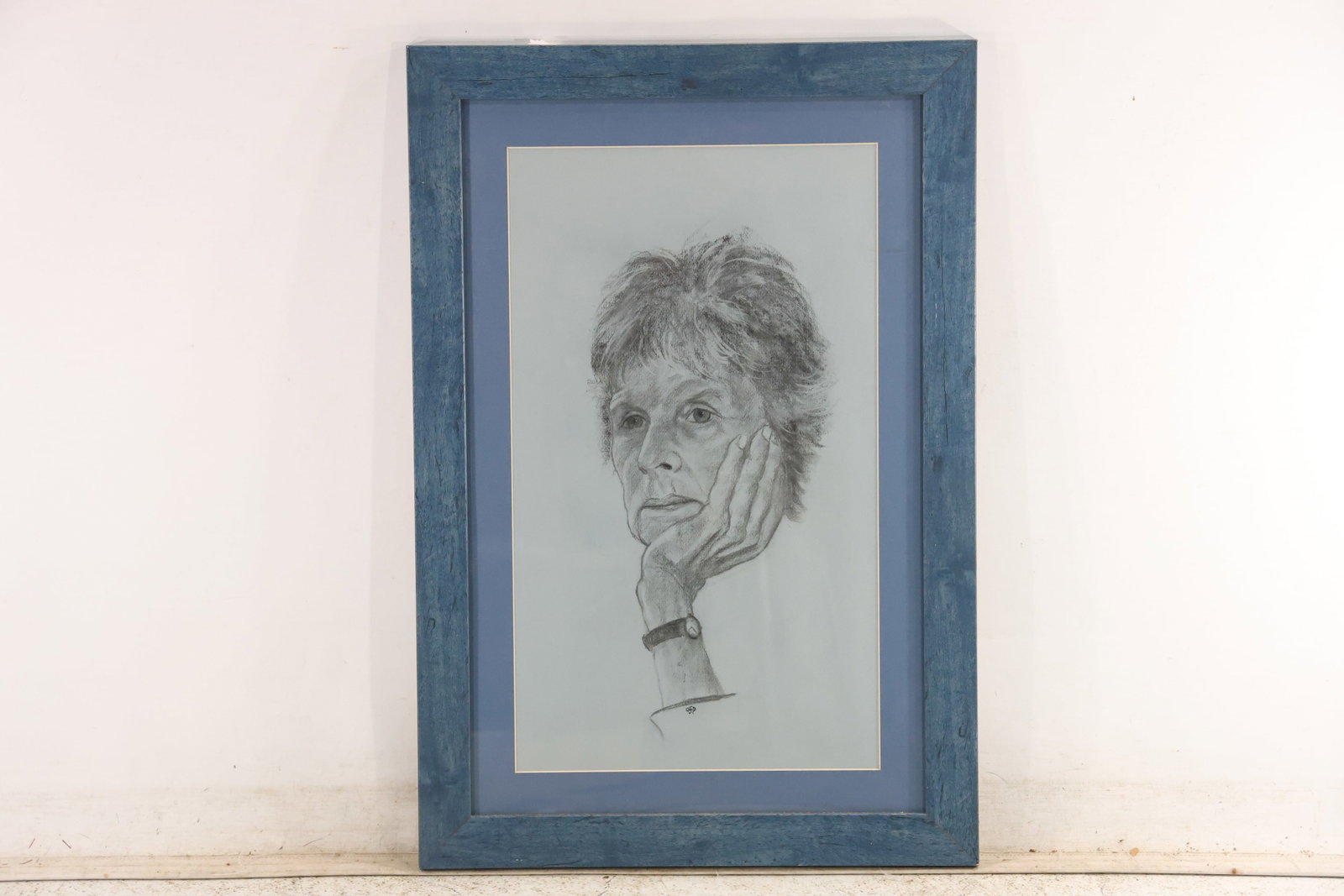 Signed Framed Portrait Drawing with Personal Inscription: Original framed drawing on paper signed at the lower center and bearing a handwritten dedication on the back to a teacher and friend. The portrait is rendered in restrained graphite line with soft