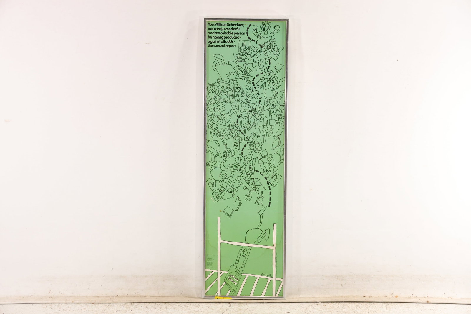 Signed Chermayeff William Schechter Presentation Poster: Framed custom presentation poster honoring William Schechter and signed Chermayeff at the lower right. The long horizontal graphic combines symbolic imagery typography and a copyright line. The