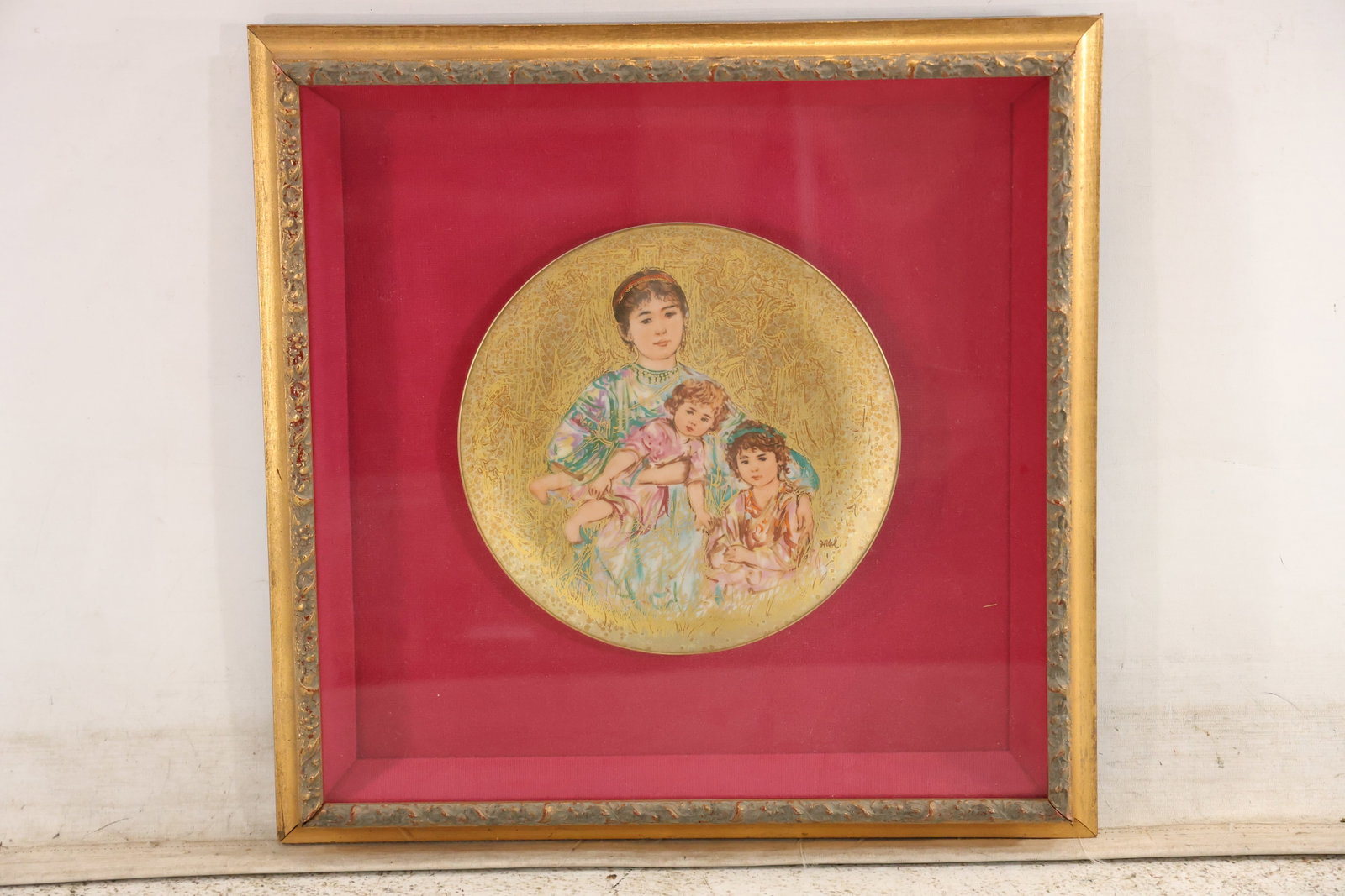 Edna Hibel Cornelia and Her Jewels Rosenthal Collector Plate: Framed limited edition porcelain collector plate titled Cornelia and Her Jewels by Edna Hibel. The plate is presented in a red velvet lined shadow box and the photographed back information identifies 