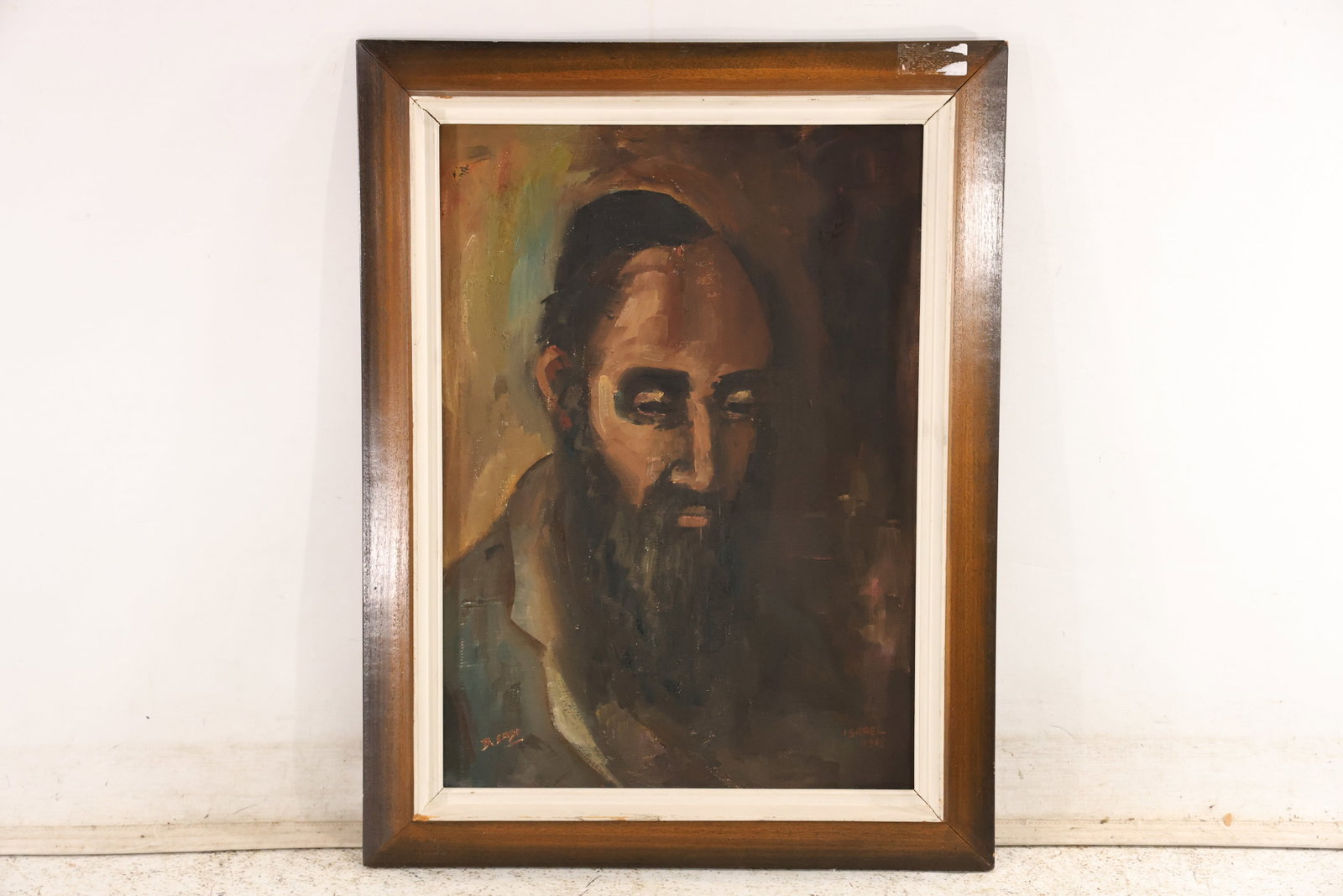 Signed B Sade Jewish Rabbi Portrait Oil Painting: Original oil painting on canvas signed B Sade at the lower left and numbered 561 on the back. The portrait depicts a bearded Jewish elder or rabbi in a dark head covering against a shadowed