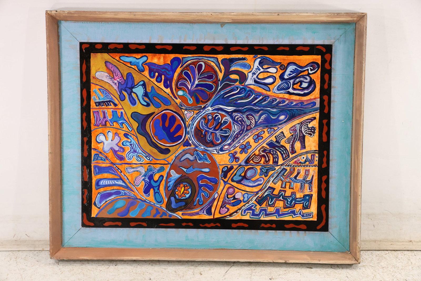 Signed Ralph Hearin Elan Vital II Painting 1996: Original painting on board titled Elan Vital II and signed Ralph Hearin with the date 1996. Dense blue orange red and black symbols form an energetic all over composition. The source note states that 
