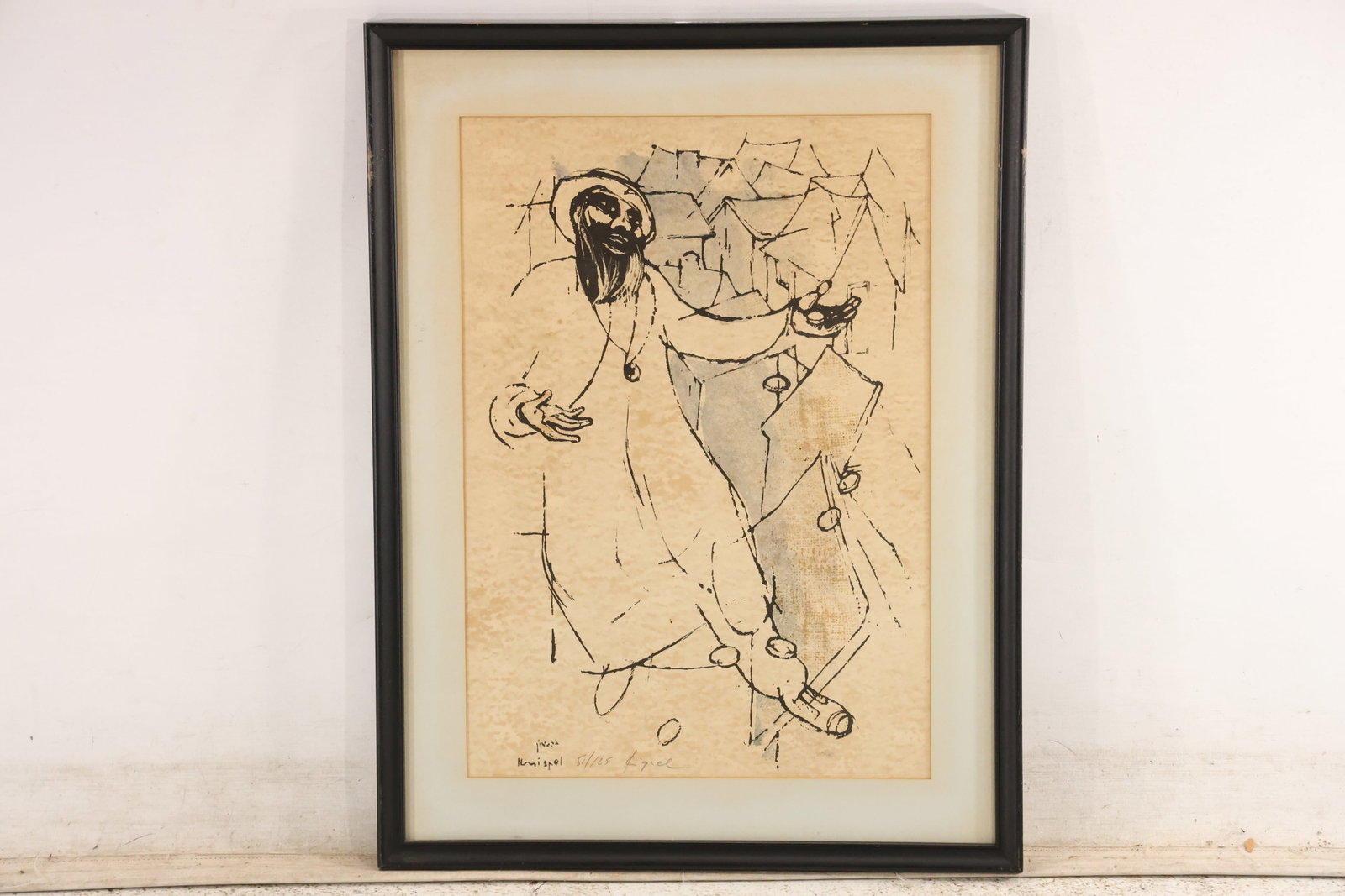 Signed Gershon Knispel On the Way Lithograph 31 of 125: Original lithograph signed Knispel in pencil and numbered 31 of 125. The central robed figure gestures before a dense geometric village and a printed Hebrew inscription identifies the theme as On the 