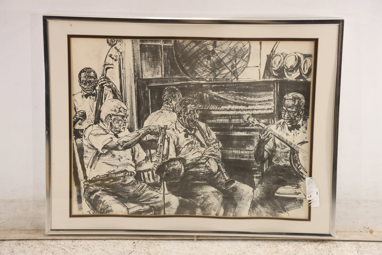 Signed Shelley 15 Dirty Dozen Brass Band Lithograph: Expressive lithograph depicting members of the Dirty Dozen Brass Band performing with brass instruments in an intimate interior. The visible signature appears to read Shelley 15 or a closely similar s