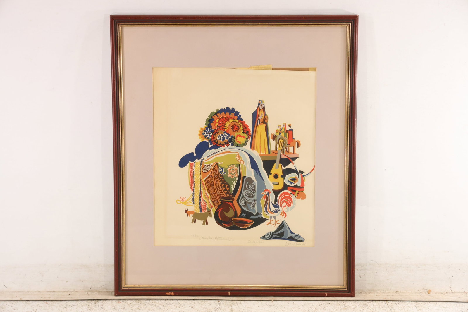 Signed David Manzur Muestra Artesanal Serigraph 136 of 250: Color serigraph signed David Manzur and dated 1979 in pencil. The lower margin identifies the title Muestra Artesanal and the edition 136 of 250 while the composition presents colorful artisanal