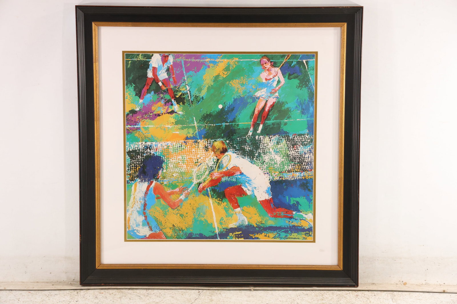 LeRoy Neiman Tennis Players Color Sports Print: Framed color print associated with LeRoy Neiman depicting tennis players in motion across a court. Bright turquoise orange yellow and green marks create a fast layered sports composition. The
