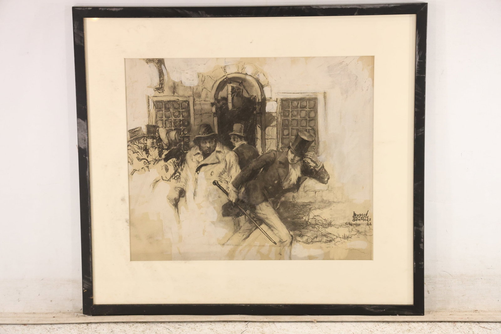Signed Dudley Gloyne Summers 1922 Narrative Ink Illustration: Original black ink and wash illustration signed Dudley Gloyne Summers and dated 22. The dramatic narrative scene shows a formally dressed man moving away from a doorway as a group watches from the