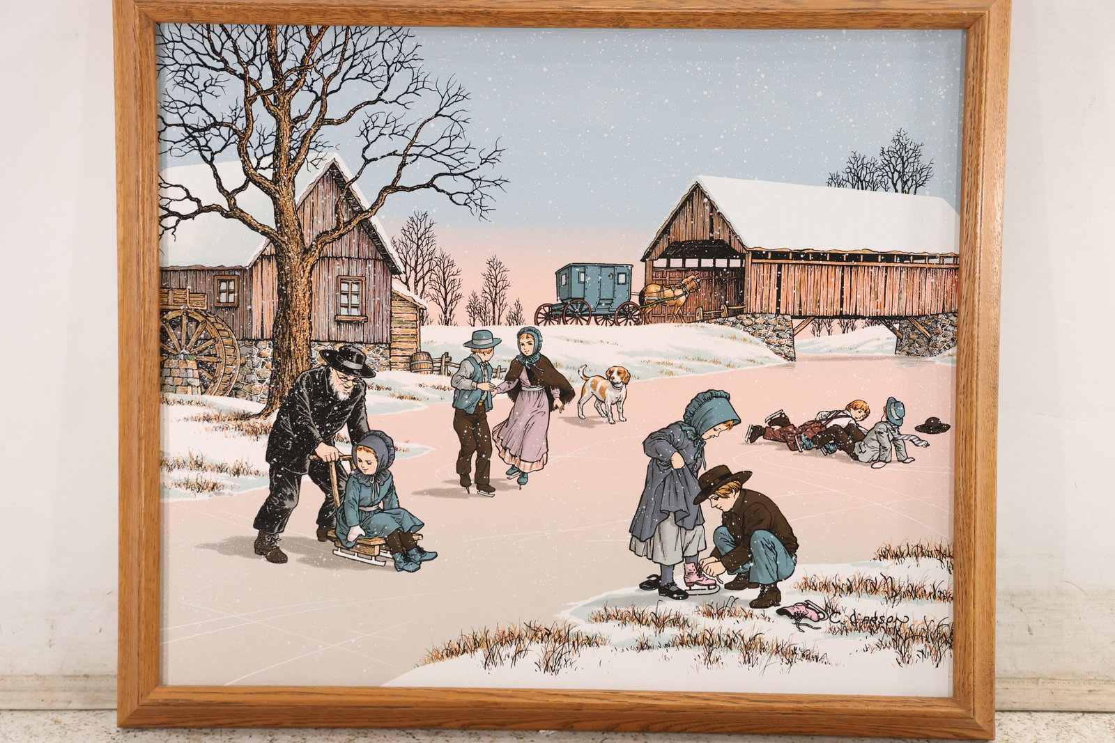 Signed C Carson Amish Winter Serigraph Print - 7