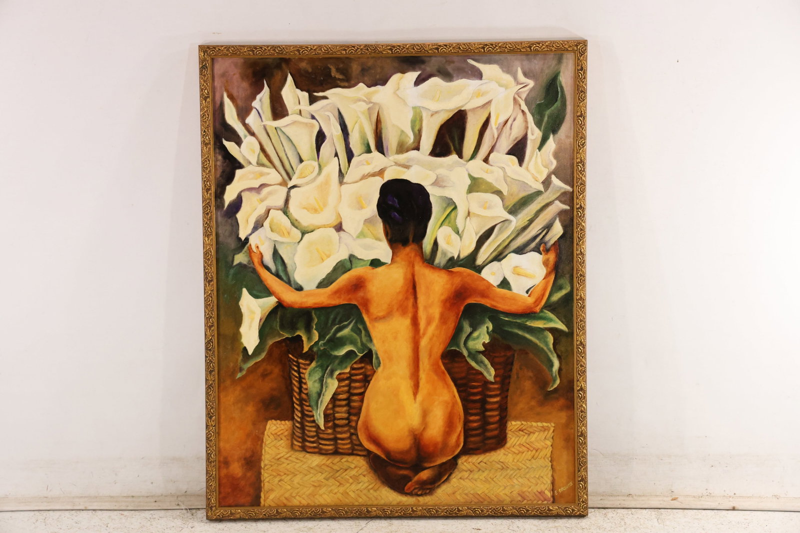 Signed E Maziarz Reclining Nude and Lilies Oil Painting: Original oil painting on canvas signed E Maziarz or a closely similar spelling. A reclining female nude is shown from the back before a dense arrangement of white calla lilies in an ornate frame. The 