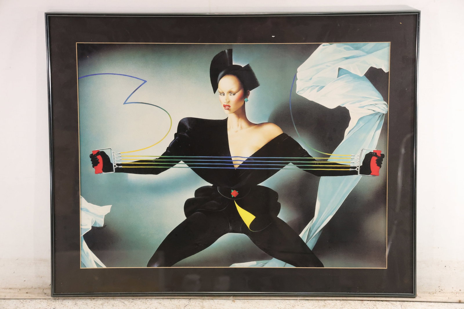 H Majera Body Building 1980s Art Deco Revival Poster: Framed 1980s poster titled Body Building and associated with H Majera. A stylized woman in black pulls a multicolor resistance band as white fabric sweeps across a dark airbrushed background. The angu