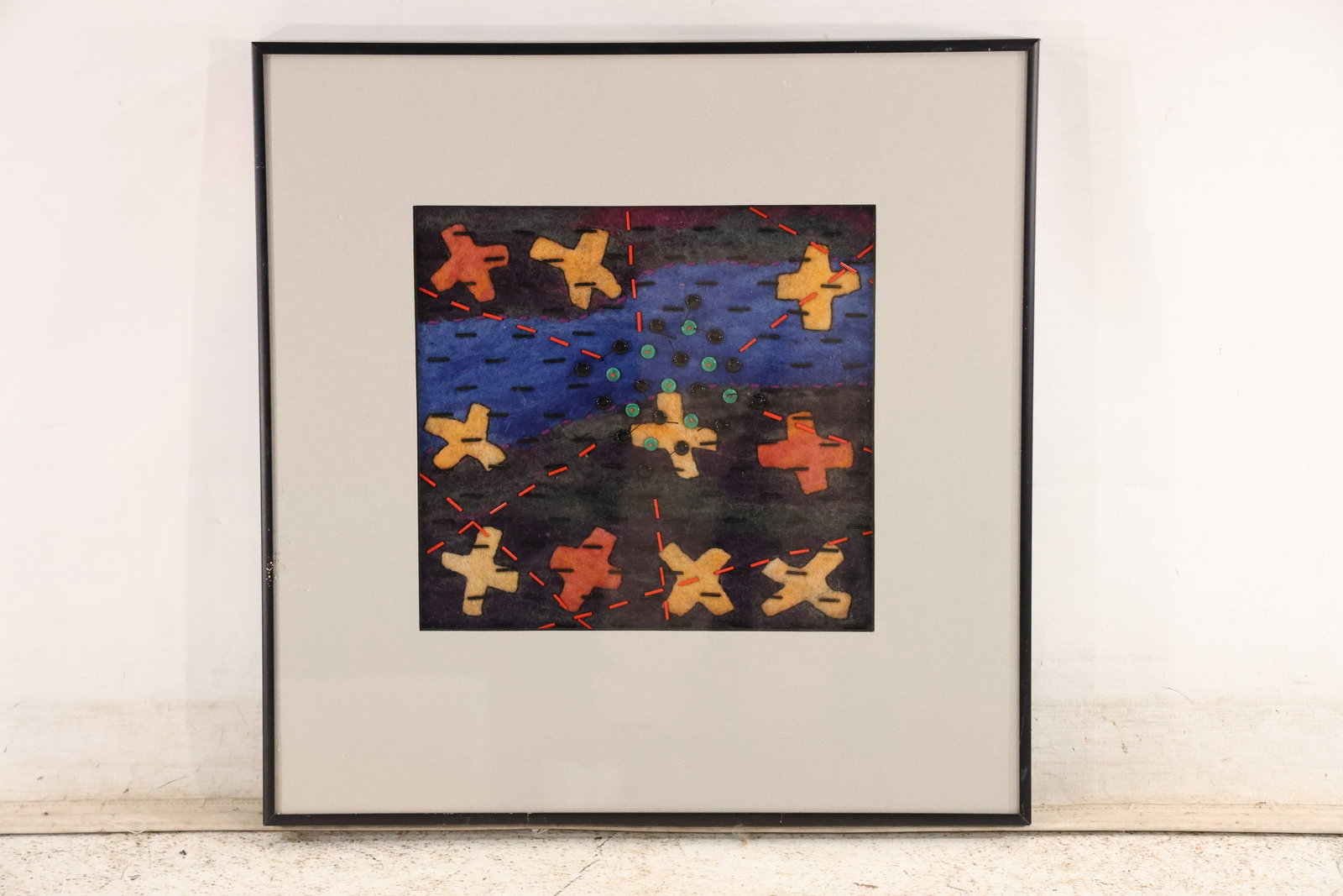 Renee Harris Xs Away Mixed Media Textile 1994: Original mixed media textile titled Xs Away by Renee Harris and dated 1994. A studio tag identifies Creative Fiberworks and the composition combines dark blue fabric orange and gold X forms stitching 