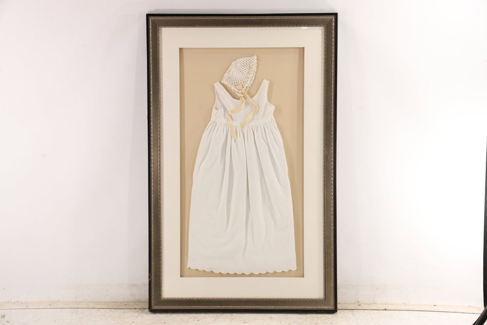 Antique Christening Gown and Lace Bonnet Framed Textile Display (1 of 8)