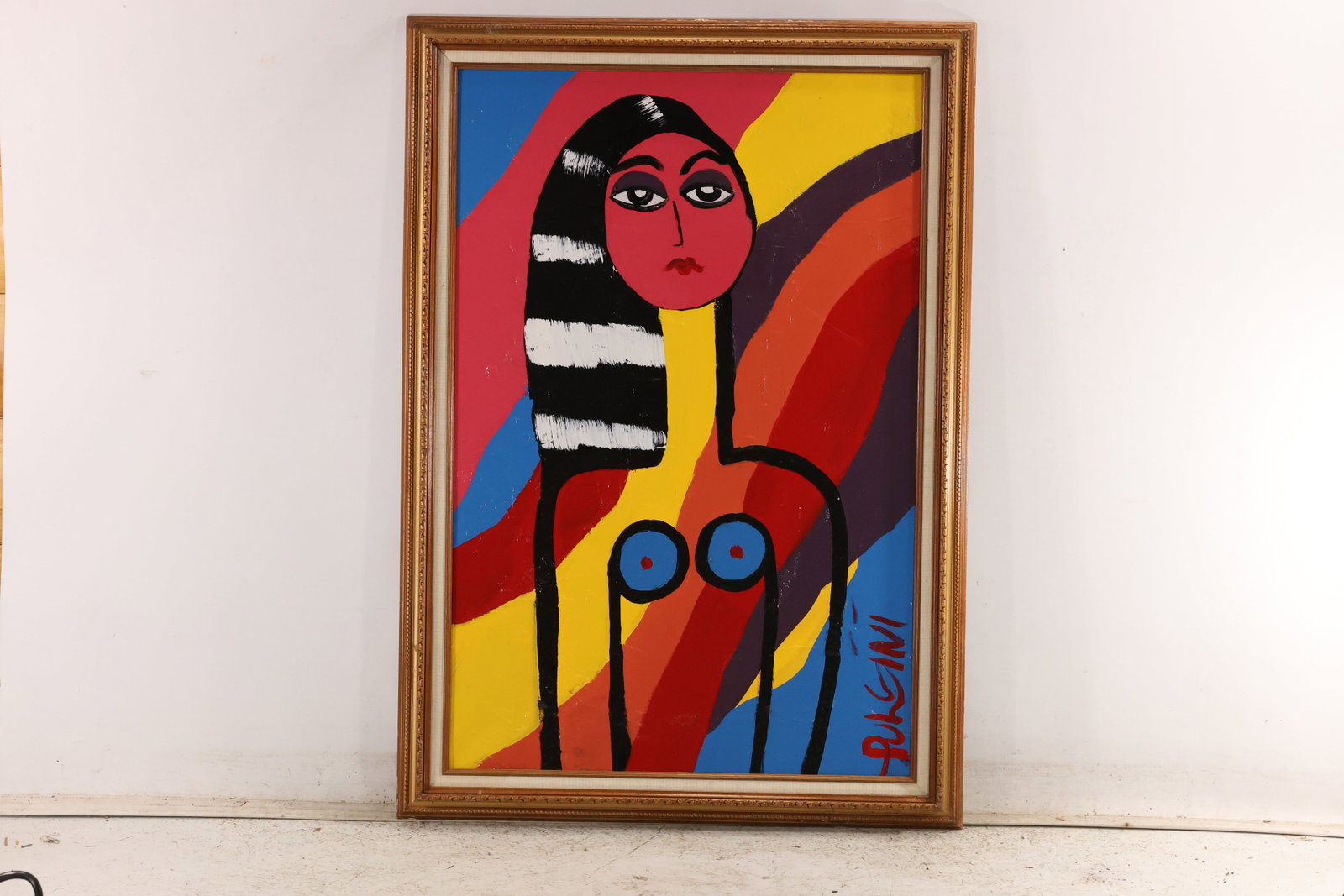 Signed Tom Pulgini Striped Hair Female Figure Oil Painting: Signed Tom Pulgini oil painting on board depicting a stylized female figure with striped black and white hair set against sweeping bands of red yellow blue and orange. The work uses simplified forms s