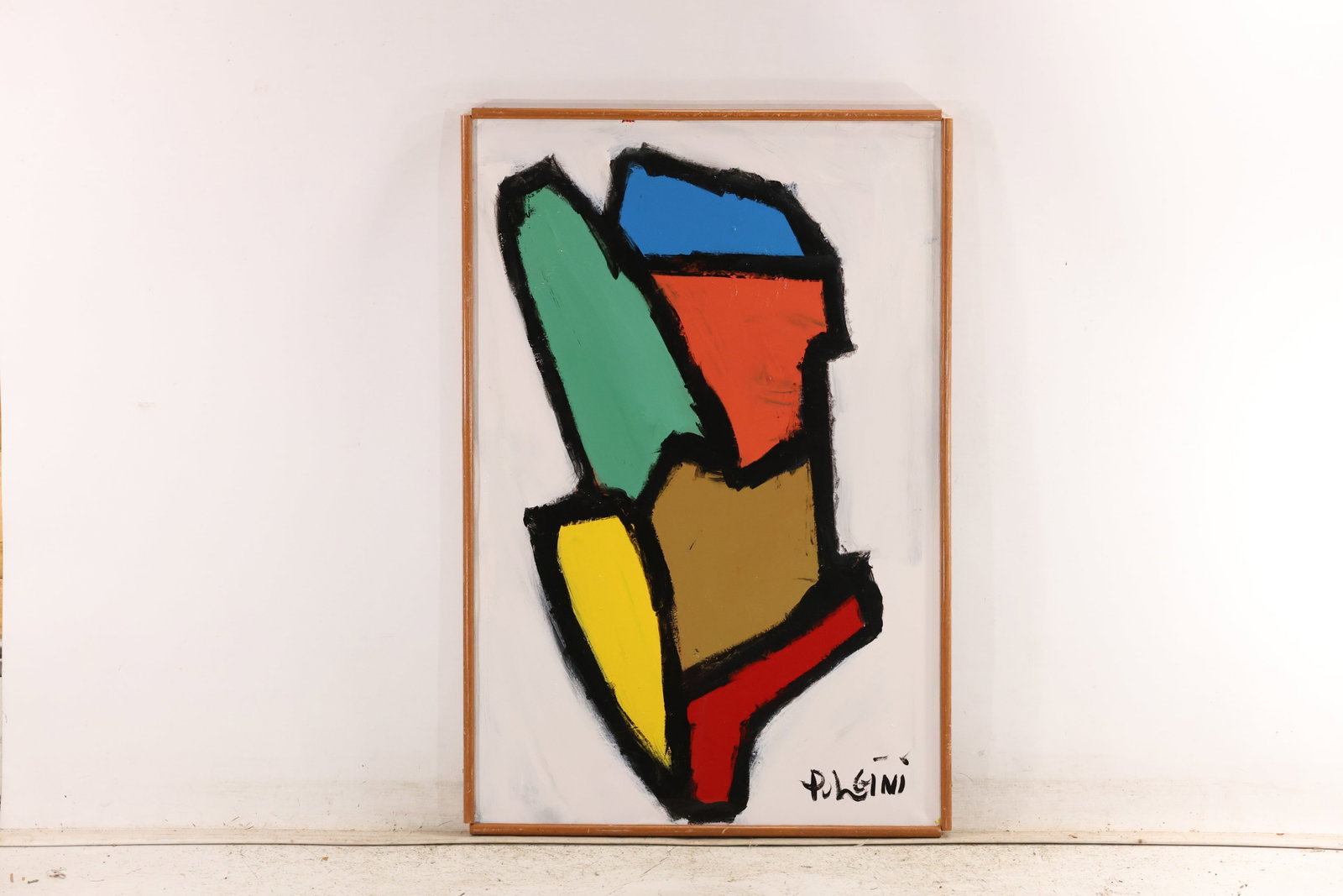Signed Tom Pulgini Geometric Abstract Oil Painting: Signed Tom Pulgini oil painting on board depicting an interlocking geometric composition of green blue orange yellow brown and red forms outlined in black on a pale ground. The work uses simplified fo