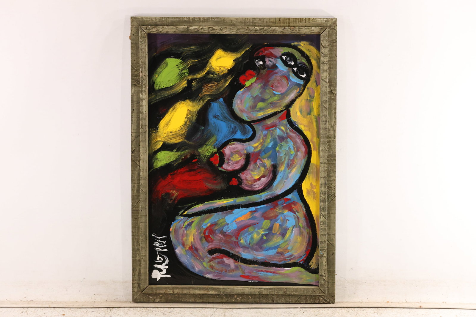 Signed Tom Pulgini Seated Female Nude Oil Painting: Signed Tom Pulgini oil painting on board depicting a curving seated female nude rendered with multicolored brushwork against a dark green and black field. The work uses simplified forms strong black c
