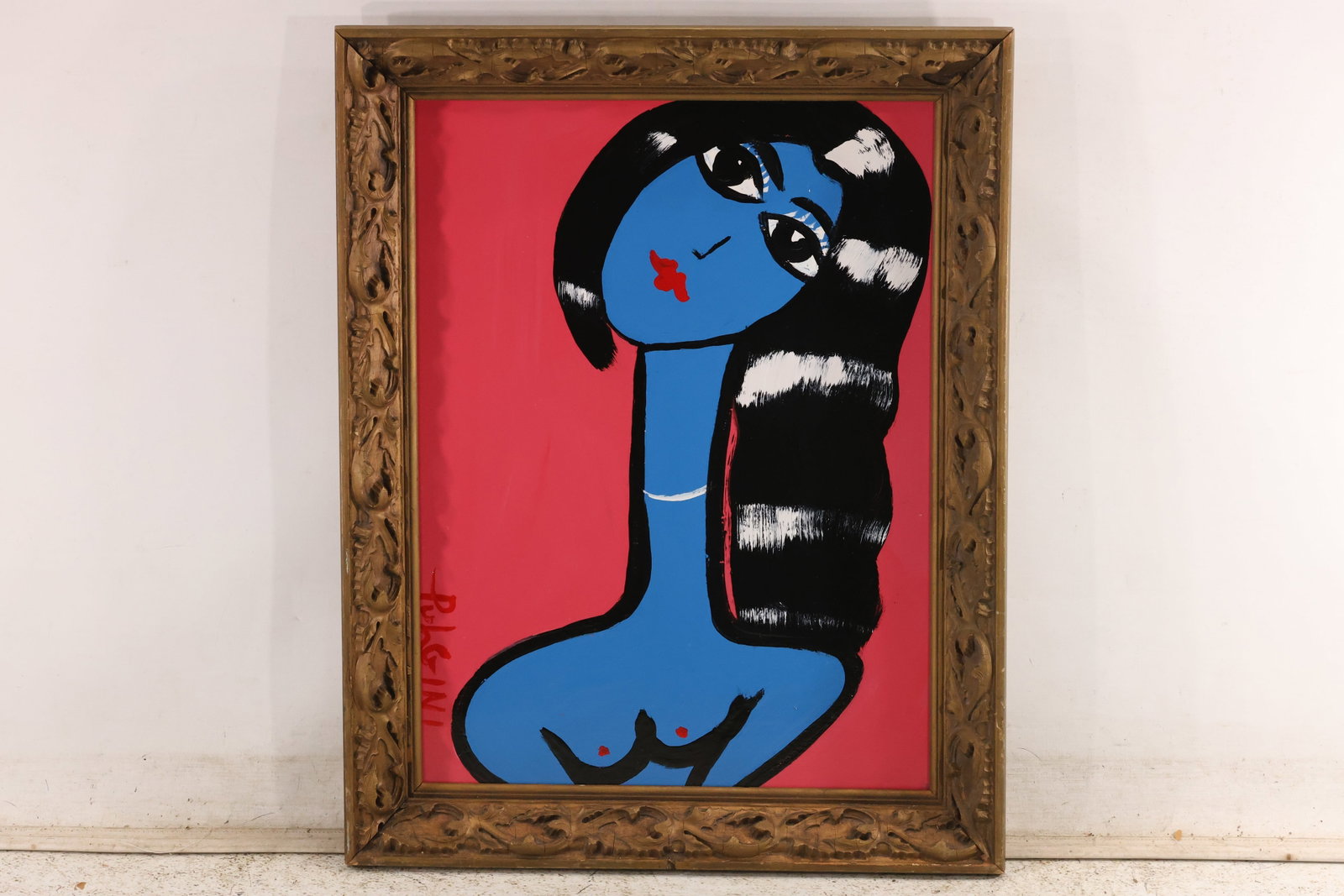 Signed Tom Pulgini Blue Reclining Female Figure Oil Painting: Signed Tom Pulgini oil painting on board depicting an elongated blue female figure with black and white hair posed against a vivid red field in an ornate frame. The work uses simplified forms strong b