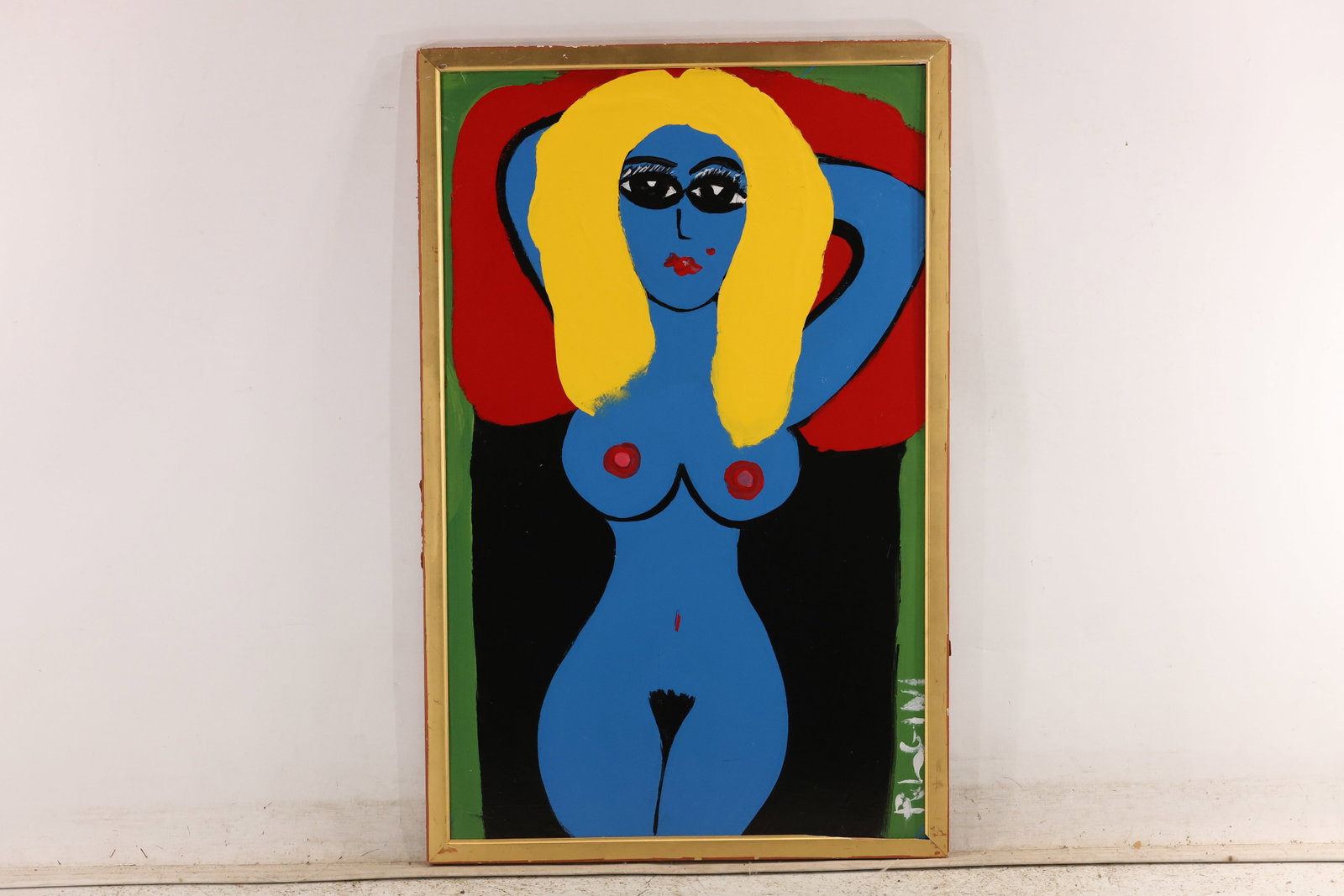Signed Tom Pulgini Blue Blonde Female Nude Oil Painting: Signed Tom Pulgini oil painting on board depicting a frontal blue female nude with long yellow hair set before layered red green and blue arcs. The work uses simplified forms strong black contours and