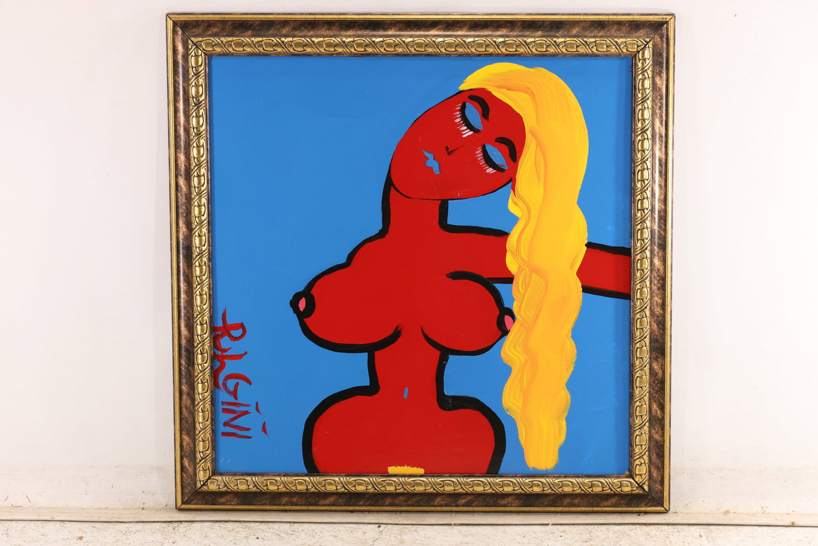 Signed Tom Pulgini Red Female Nude with Blonde Braid Oil Painting: Signed Tom Pulgini oil painting on board depicting a red female nude with a long yellow braid posed against a bright blue ground in a decorative gilt frame. The work uses simplified forms strong black