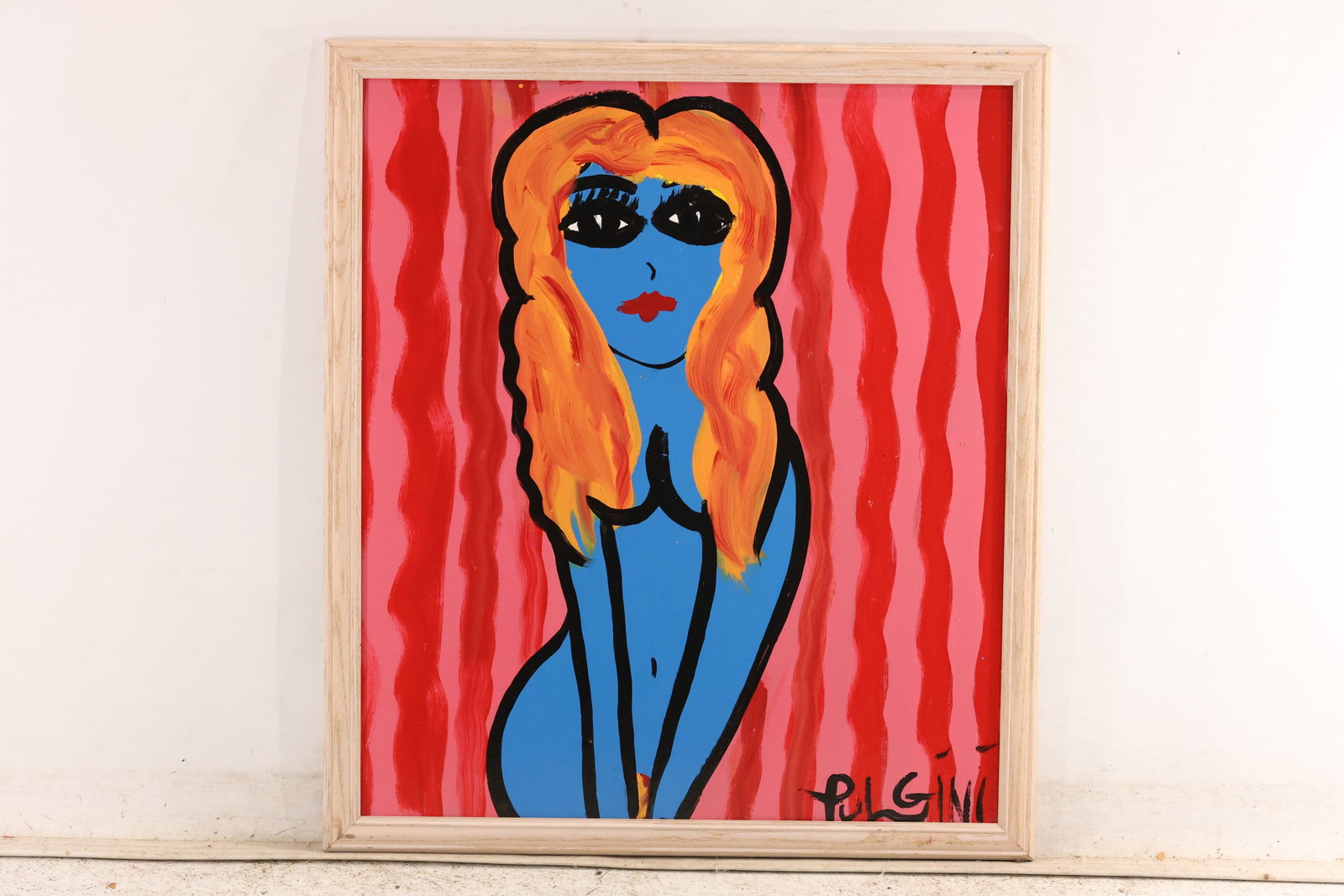 Signed Tom Pulgini Blonde Female Figure with Pink Stripes Oil Painting: Signed Tom Pulgini oil painting on board depicting a seated blue female figure with long orange blonde hair against an undulating pink and red striped background. The work uses simplified forms strong