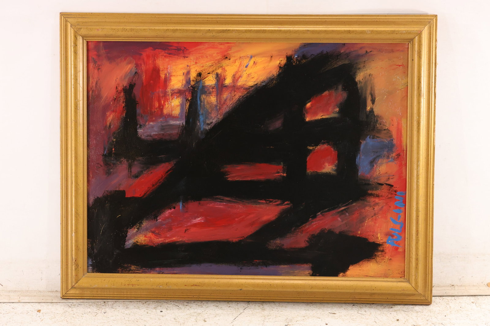 Signed Tom Pulgini Black and Red Gestural Abstract Oil Painting: Signed Tom Pulgini oil painting on board depicting a forceful abstract composition dominated by black forms over red orange and ochre passages in a gilt frame. The work uses simplified forms strong bl
