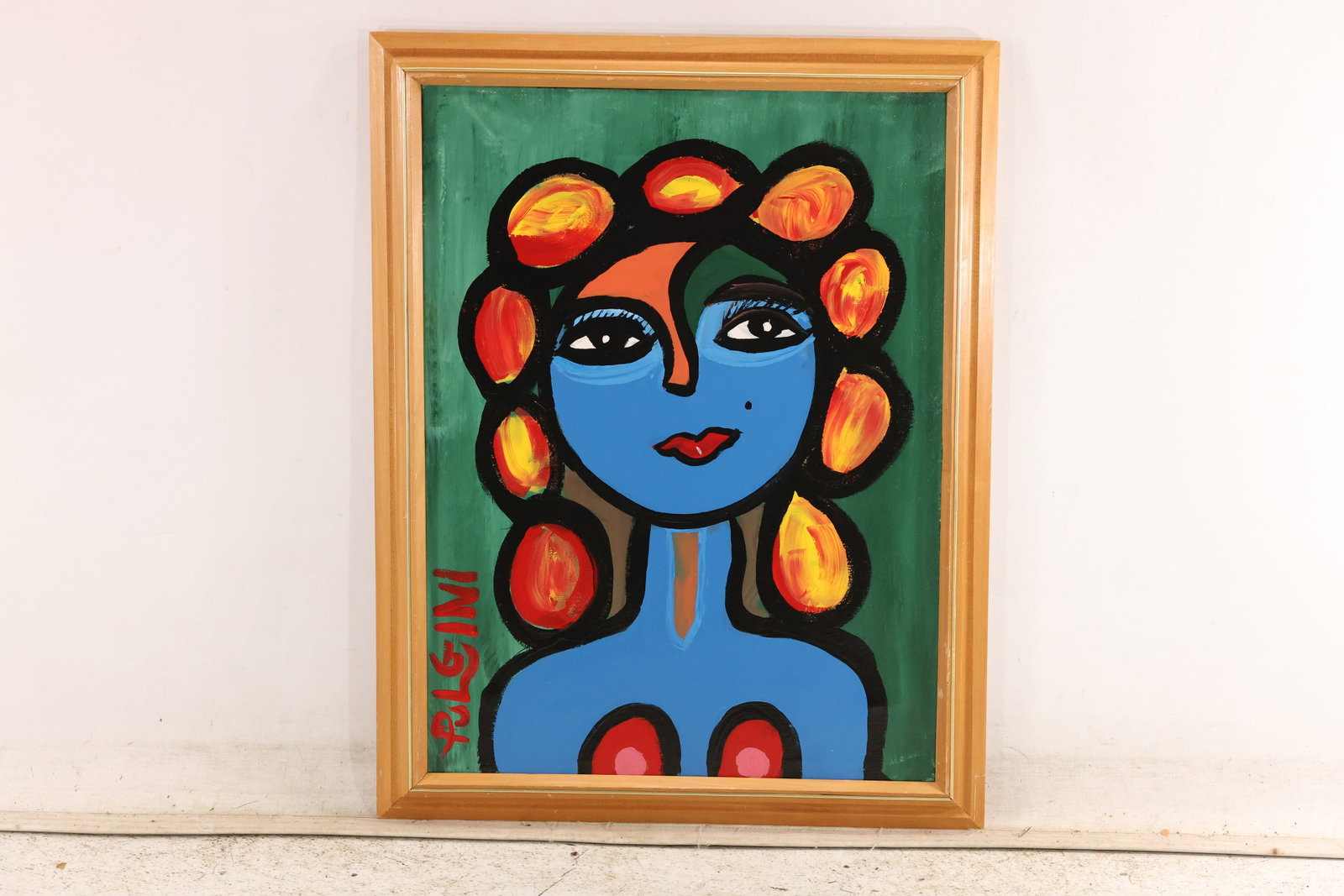 Signed Tom Pulgini Blue Female Portrait with Orange Hair Oil Painting: Signed Tom Pulgini oil painting on board depicting a stylized blue female portrait with orange circular hair forms and heavy black outlines on a green field. The work uses simplified forms strong blac