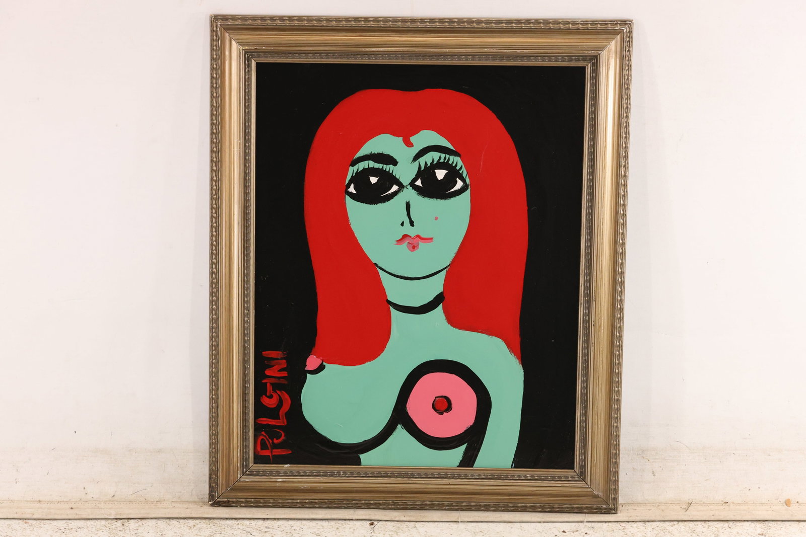 Signed Tom Pulgini Green Female Portrait with Red Hair Oil Painting: Signed Tom Pulgini oil painting on board depicting a green female portrait with vivid red hair and a simplified torso against a deep black background. The work uses simplified forms strong black conto