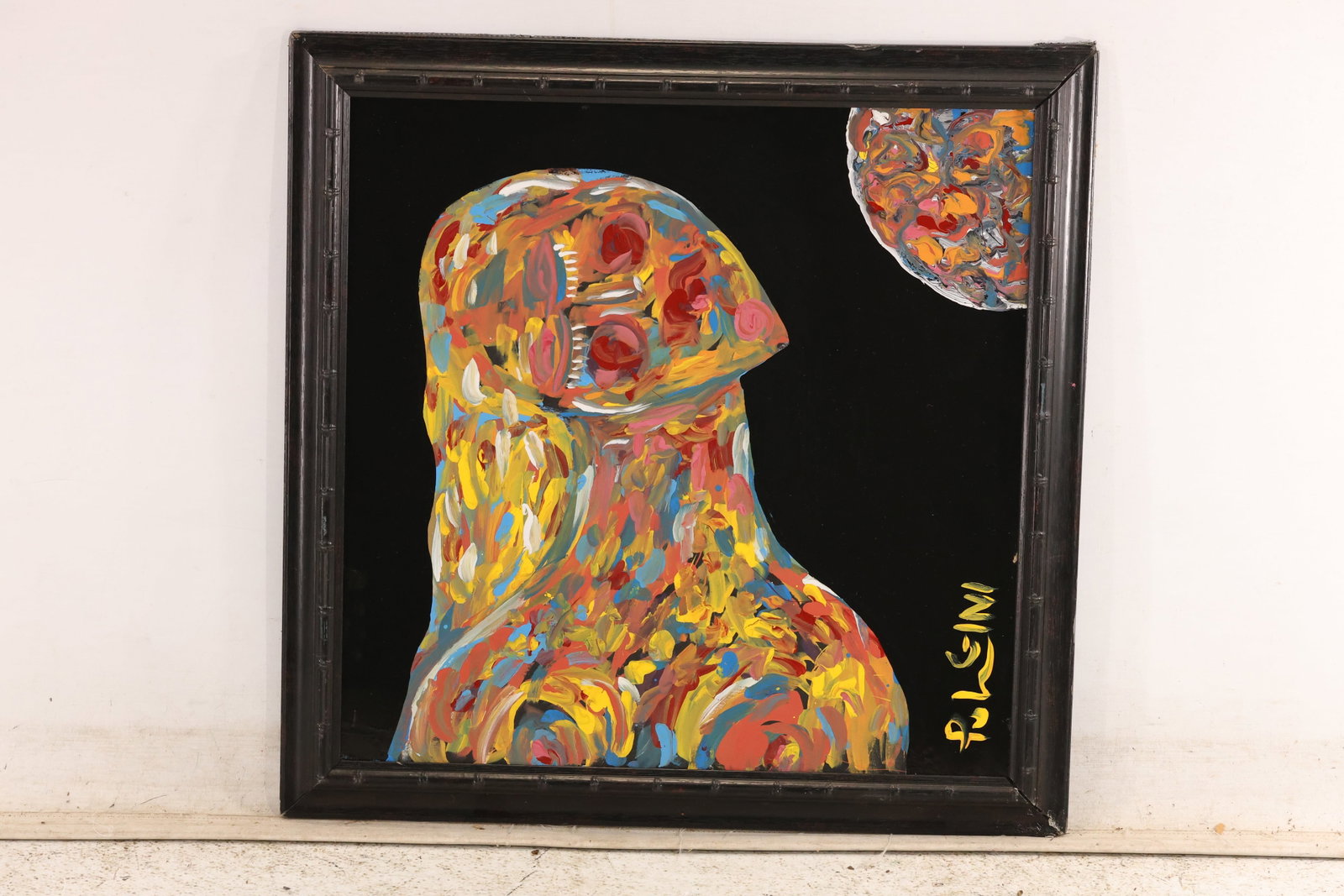 Signed Tom Pulgini Multicolor Female Bust Oil Painting: Signed Tom Pulgini oil painting on board depicting a female bust modeled with dense multicolor strokes against a black field with a circular celestial form in the upper corner. The work uses simplifie