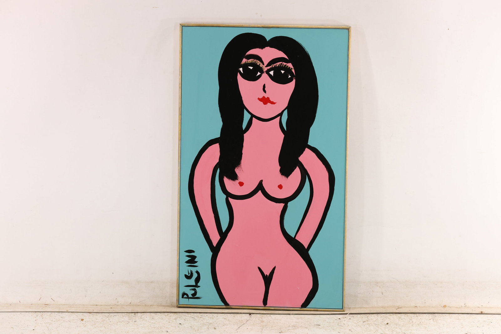 Signed Tom Pulgini Standing Pink Female Nude Oil Painting: Signed Tom Pulgini oil painting on board depicting a tall frontal pink female nude with black hair on a pale blue ground. The work uses simplified forms strong black contours and saturated color and i