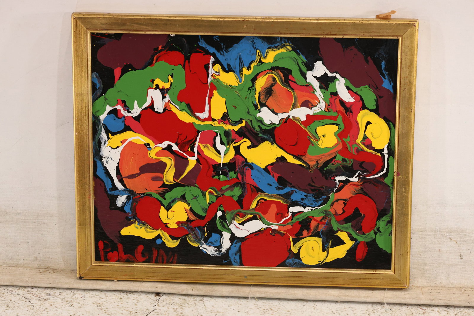 Signed Tom Pulgini Multicolor Action Abstract Oil Painting: Signed Tom Pulgini oil painting on board depicting a densely layered abstract field of red yellow green black and white shapes with energetic looping movement. The work uses simplified forms strong bl