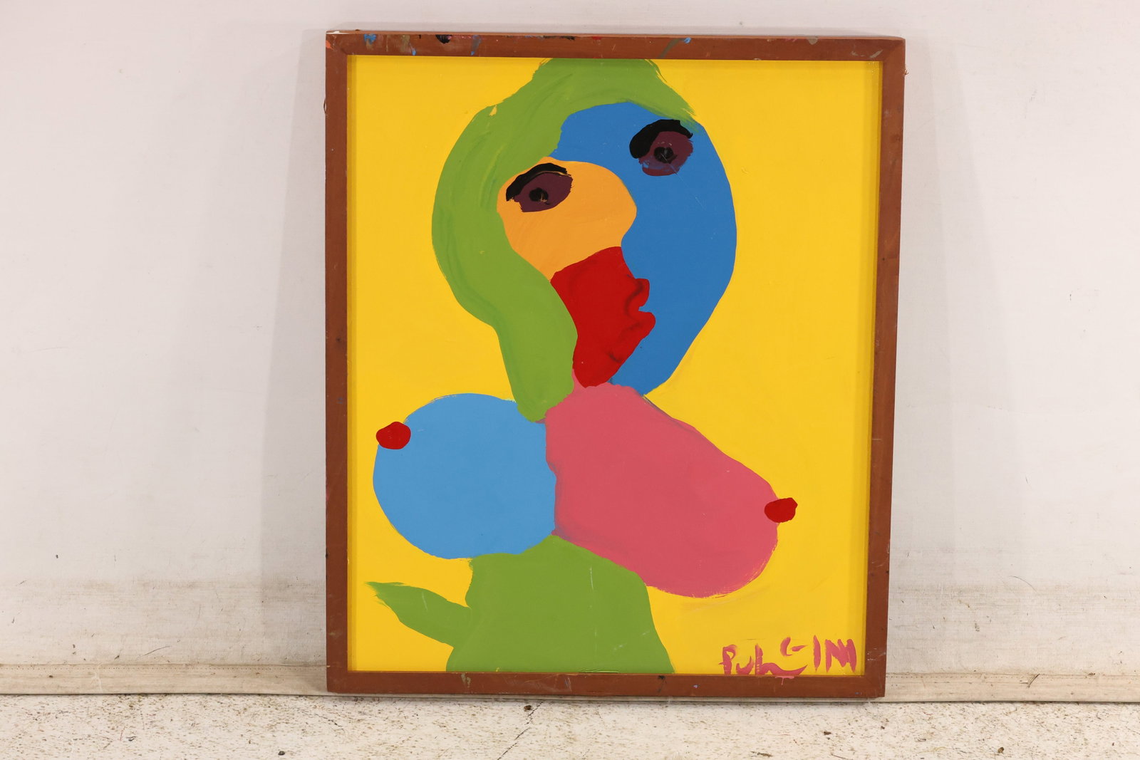 Signed Tom Pulgini Pastel Abstract Female Figure Oil Painting: Signed Tom Pulgini oil painting on board depicting a simplified female figure assembled from rounded fields of yellow green blue pink and red on a bright yellow ground. The work uses simplified forms 
