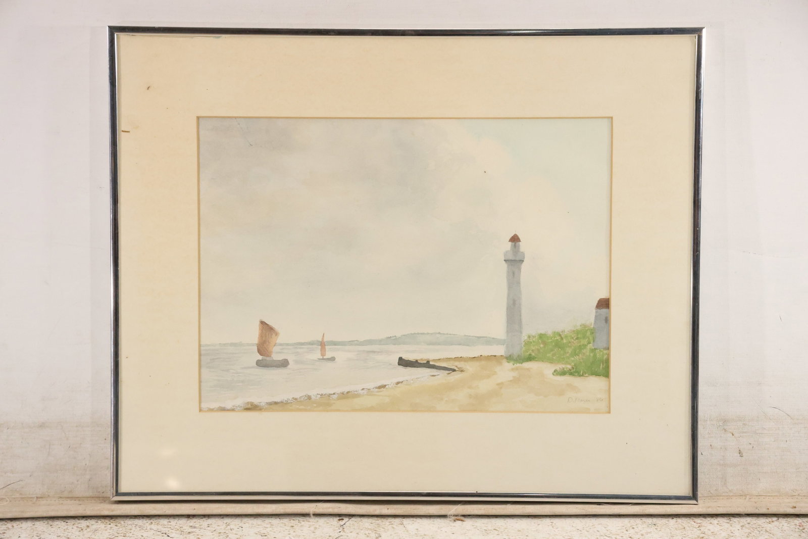 Signed D Moyer Lighthouse and Sailboats Watercolor 1986 (1 of 6)