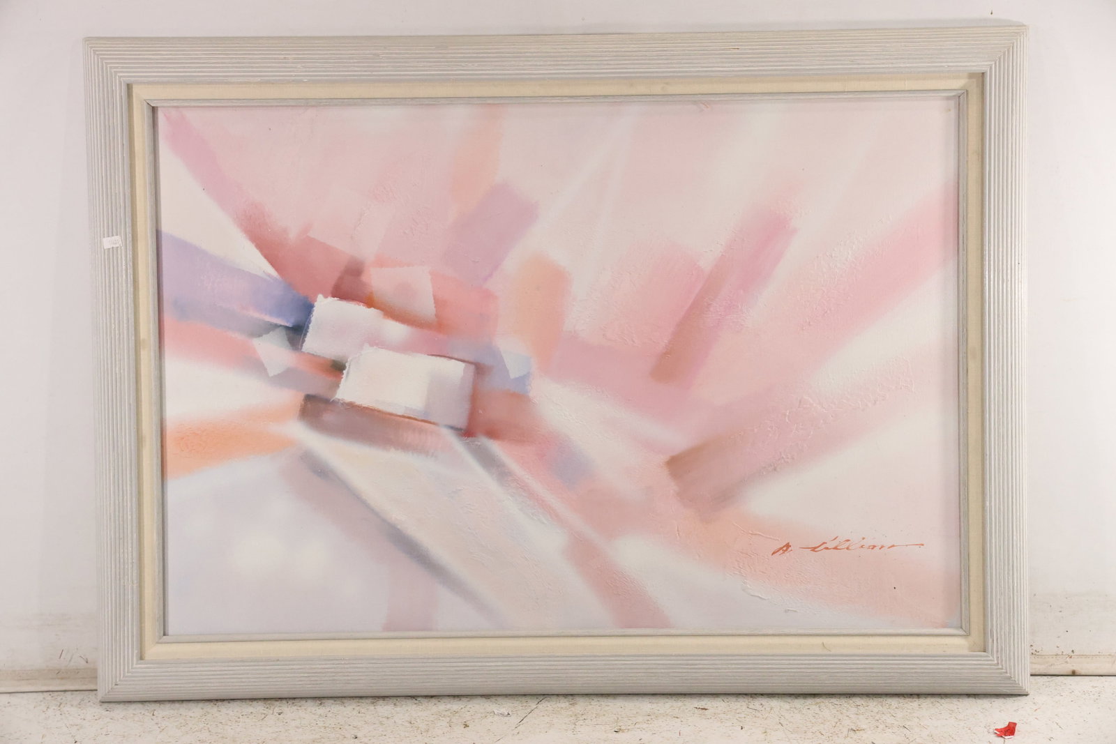 Signed A Williams Pink Geometric Abstract Painting: Original abstract painting on canvas signed A Williams at the lower right. Soft architectural blocks and radiating geometric forms move through blush pink pale violet white and warm neutral tones. The