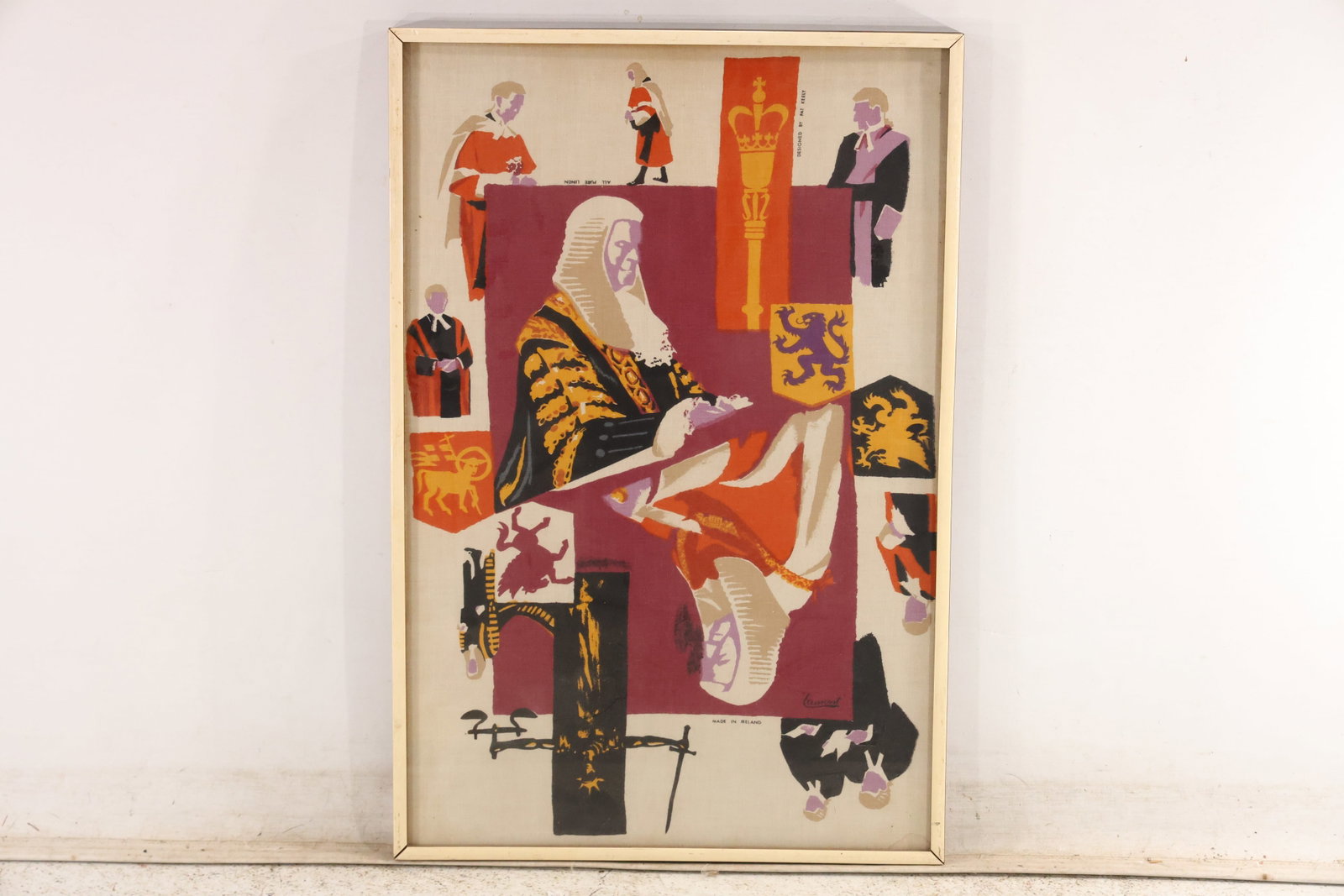 Samuel Lamont Irish Linen Legal History Textile Panel: Vintage screen printed fabric panel made in Ireland by Samuel Lamont. The colorful composition presents judges barristers in traditional wigs heraldic devices and other imagery drawn from British and 