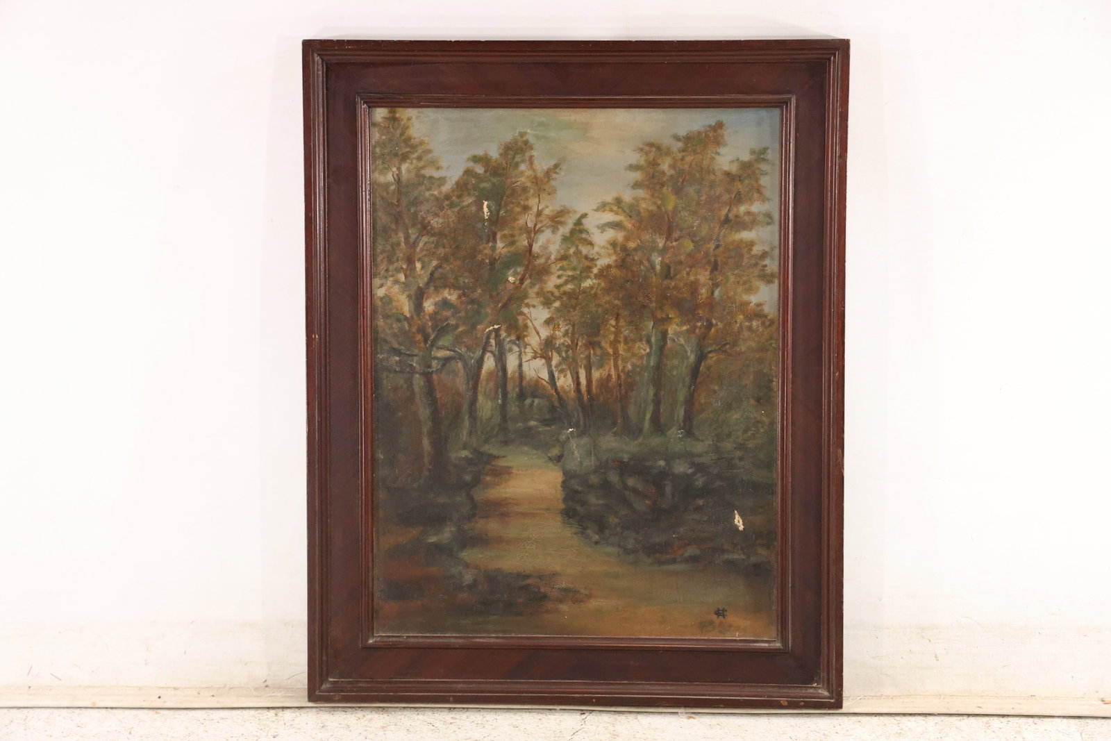 Monogrammed CH Woodland Landscape Oil Painting: Original oil painting on canvas depicting a quiet woodland path winding through dense autumn toned trees beneath a softly modeled sky. The work bears an intertwined CH monogram at the lower right. The