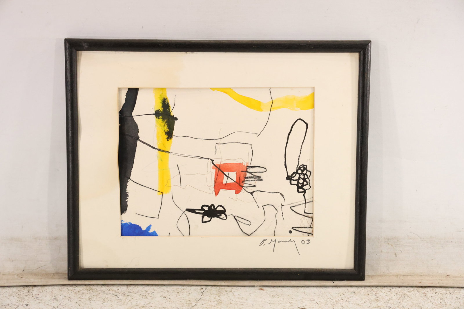 Signed B Maney Abstract Watercolor and Ink on Paper 2003: Original abstract mixed media work on paper signed B Maney and dated 2003. Expressive black line is combined with blocks and washes of red yellow blue and black in a loosely geometric composition. The