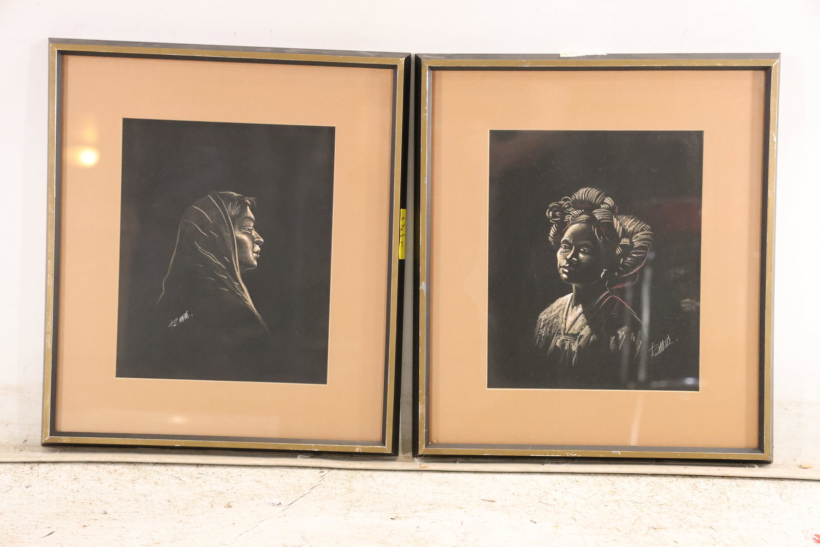 Pair of Signed Tzaka Chalk Portraits on Black Paper (1 of 7)