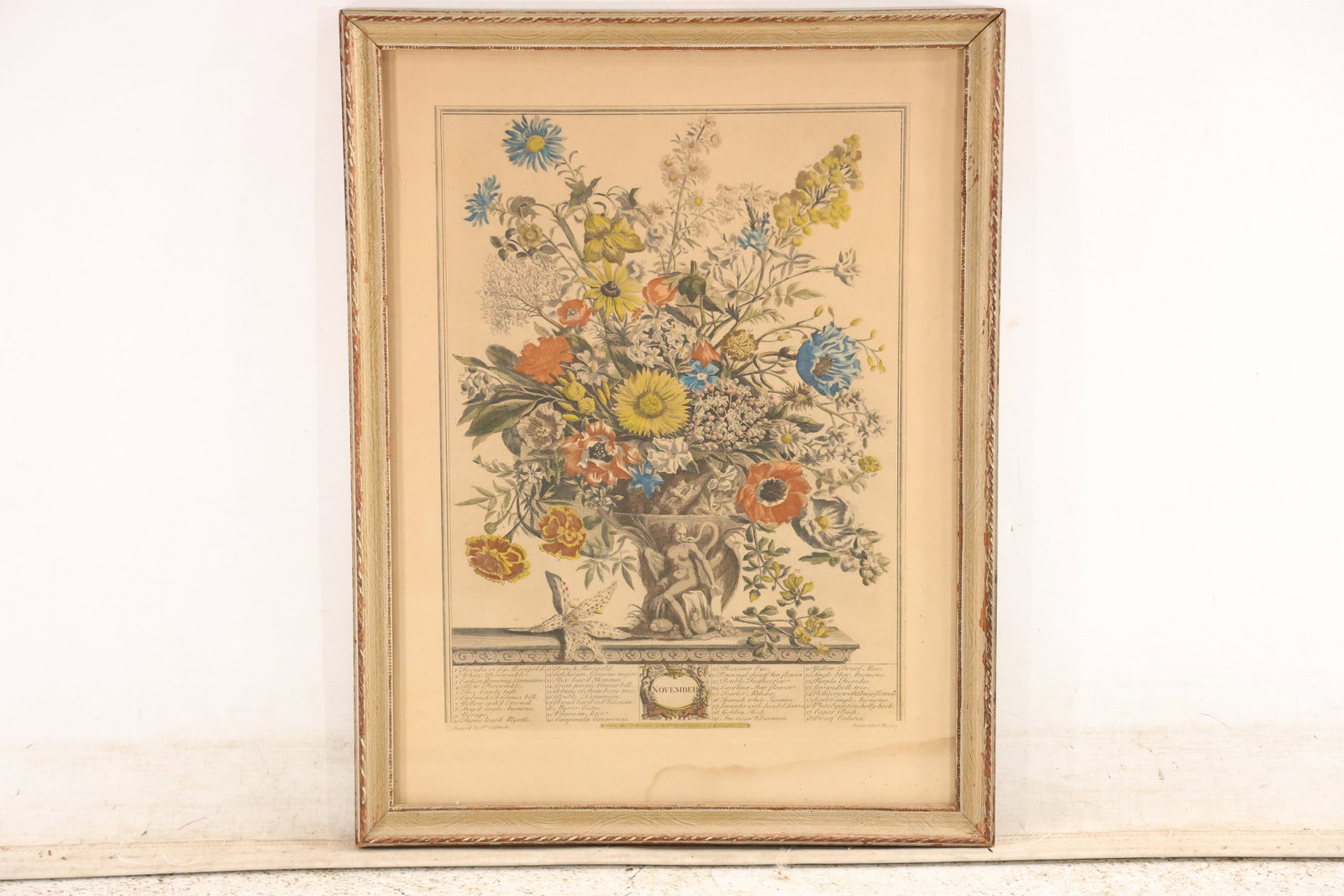 Robert Furber November Botanical Print After 1730 Engraving: Vintage framed botanical print representing the month of November after the 1730 flower series associated with nurseryman Robert Furber. A classical urn overflows with seasonal blossoms above a